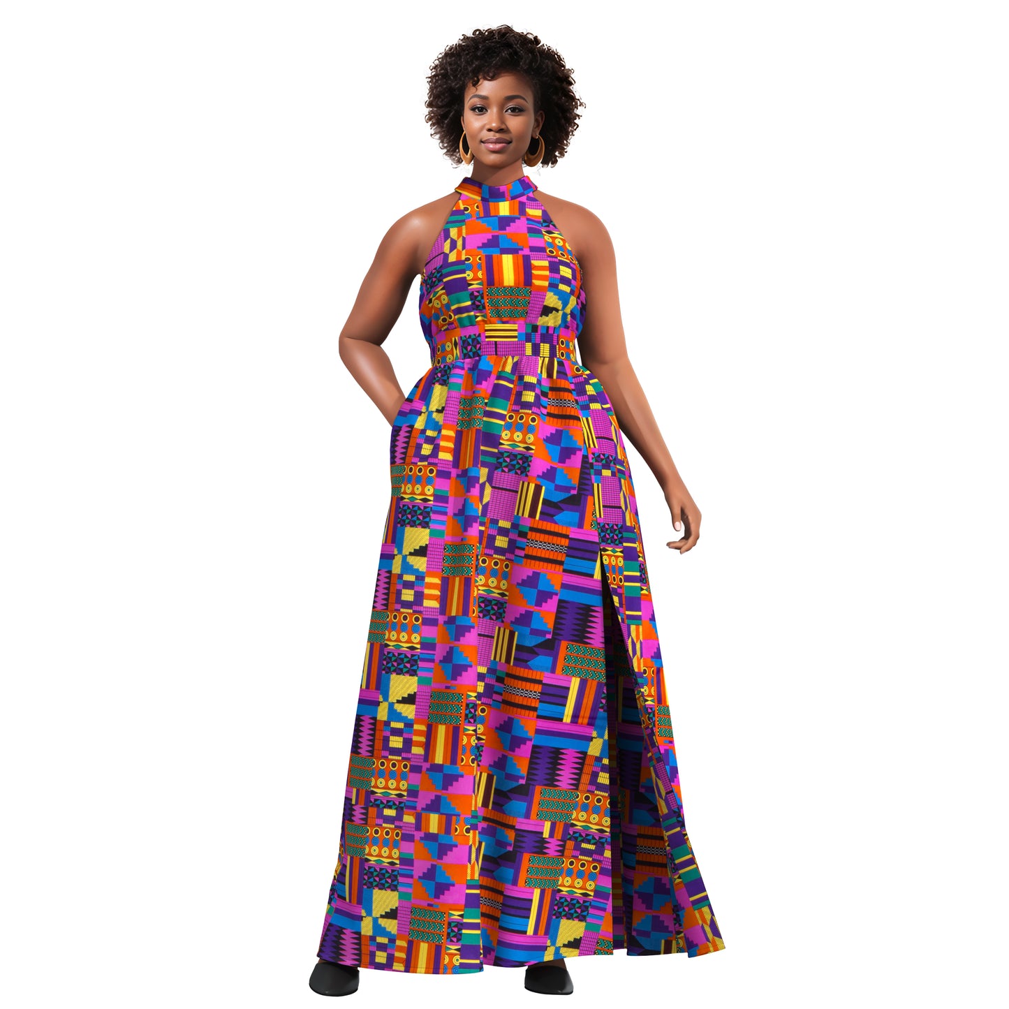 Ladies African Fabric Halter Maxi Dress With Back Bow & Side Split