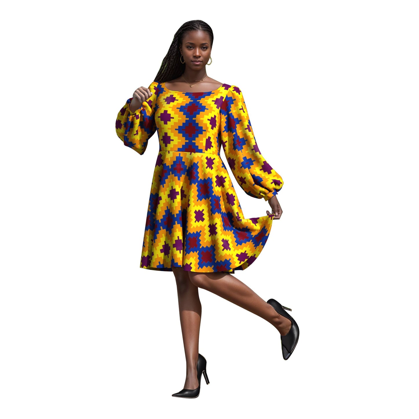Off Shoulder African Print Puff Sleeve Flare Dress