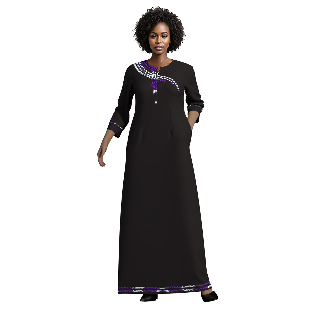 Elegant Solid Maxi Dress for Black Women, Ankara Print Splicing on Chest & Cuffs WY10572
