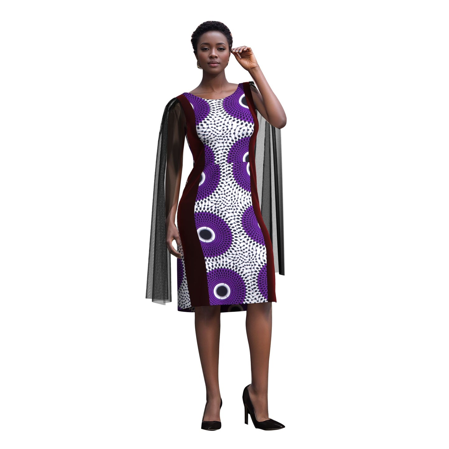 Traditional West African Print Sheath Dress – Sheer Cape Sleeve with Velvet Side Panels