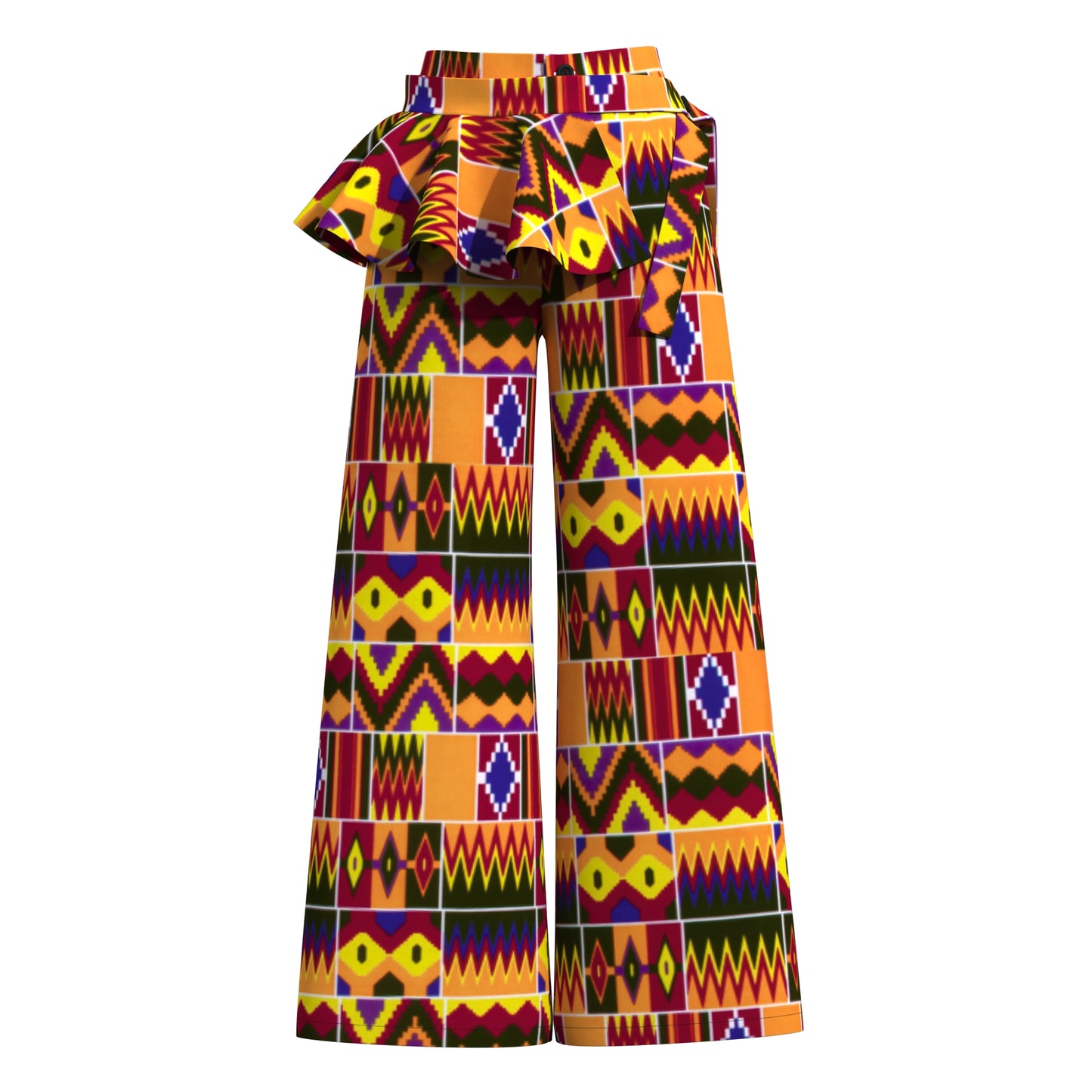 African Print Wide-Leg Pants with Detachable Ruffle