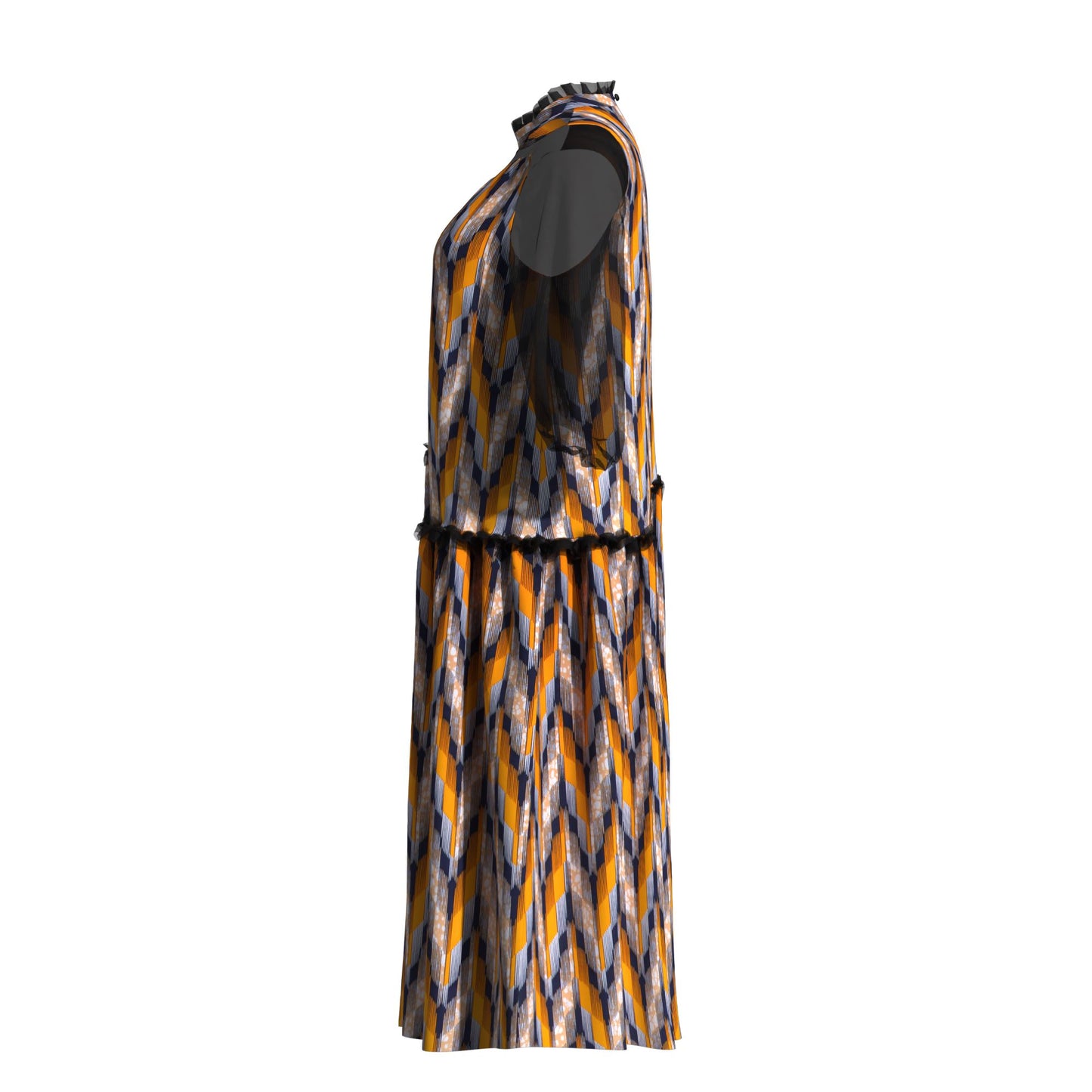 African Fabric Sheer Mesh Ruffle Collar Tiered Swing Midi Dress