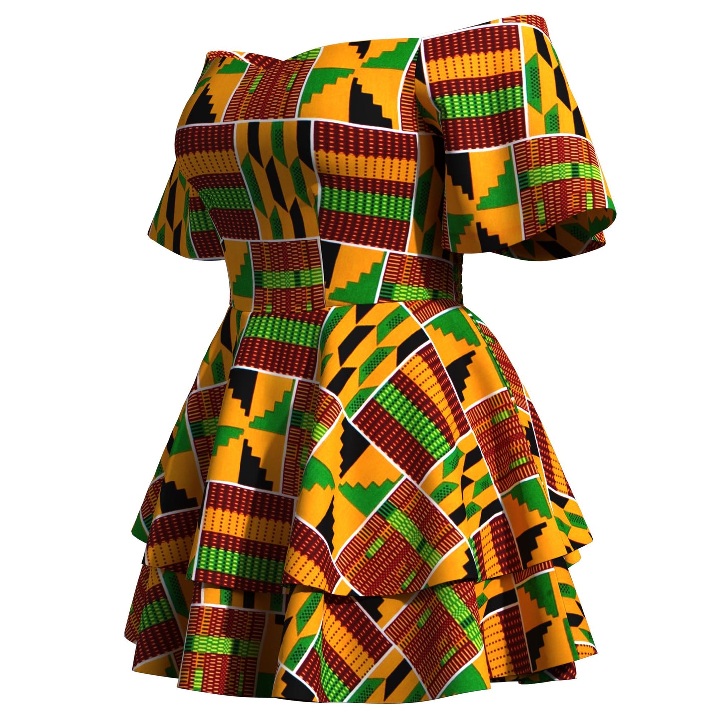African Print Flowy Off-Shoulder Tiered Mini Dress for Women