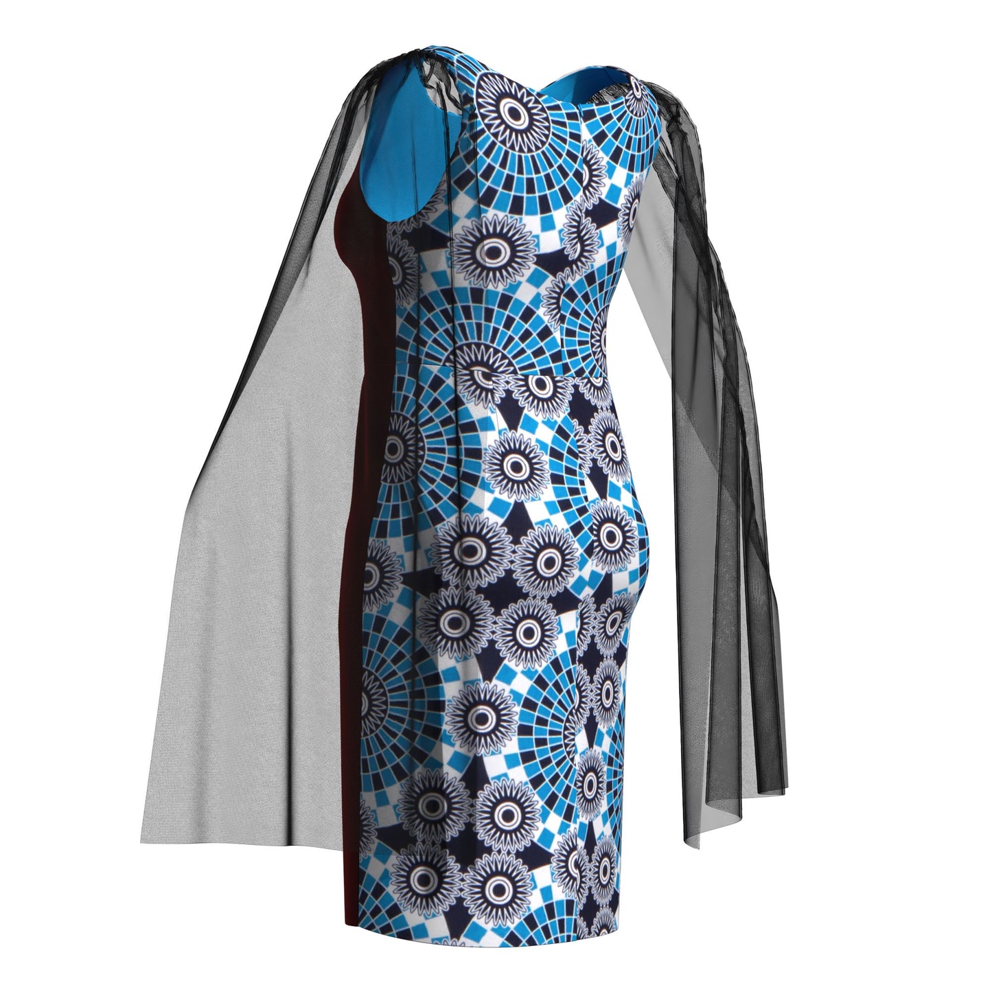 Traditional West African Print Sheath Dress – Sheer Cape Sleeve with Velvet Side Panels