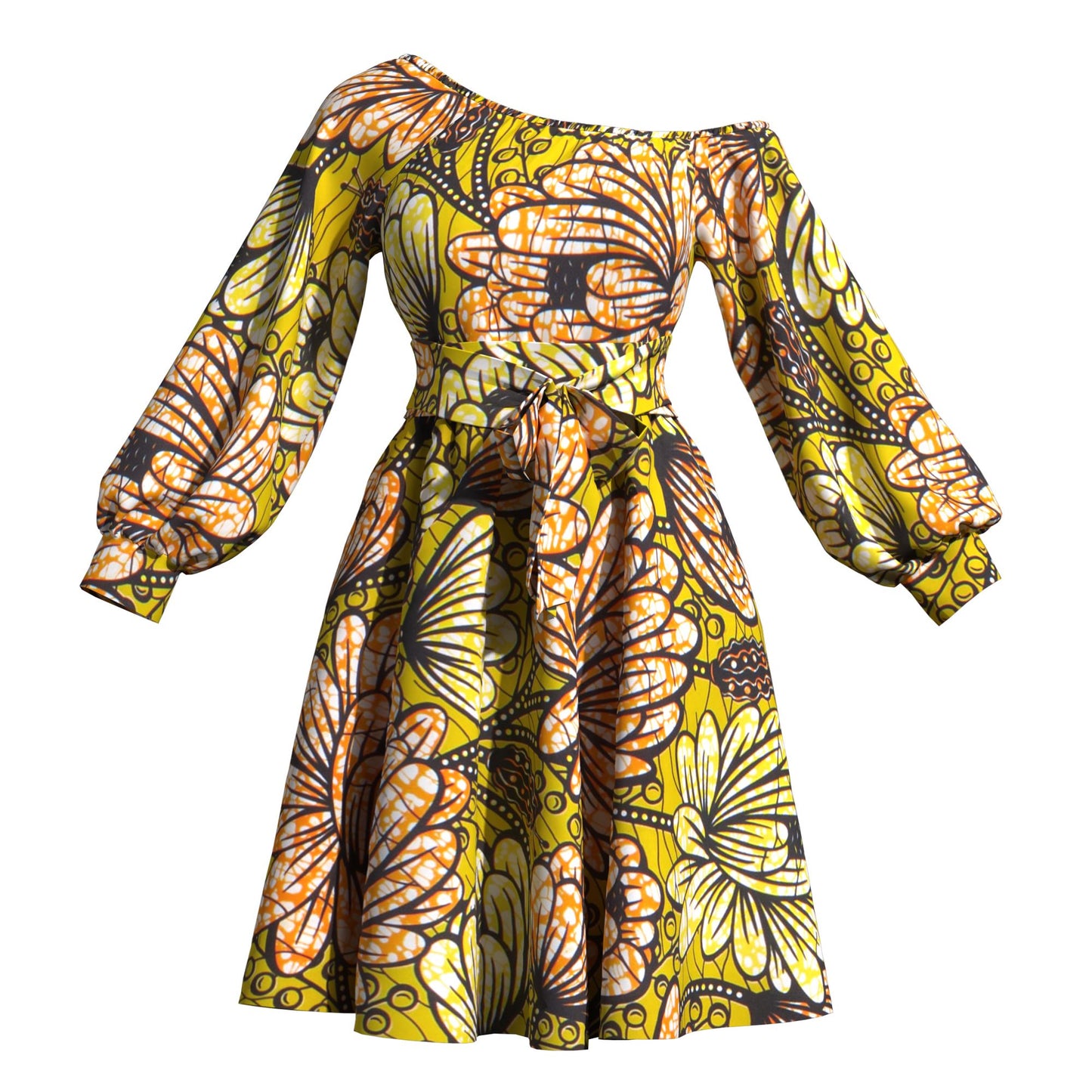 Classic African Wax Print Asymmetrical Dress, Paired with Same-Print Belt