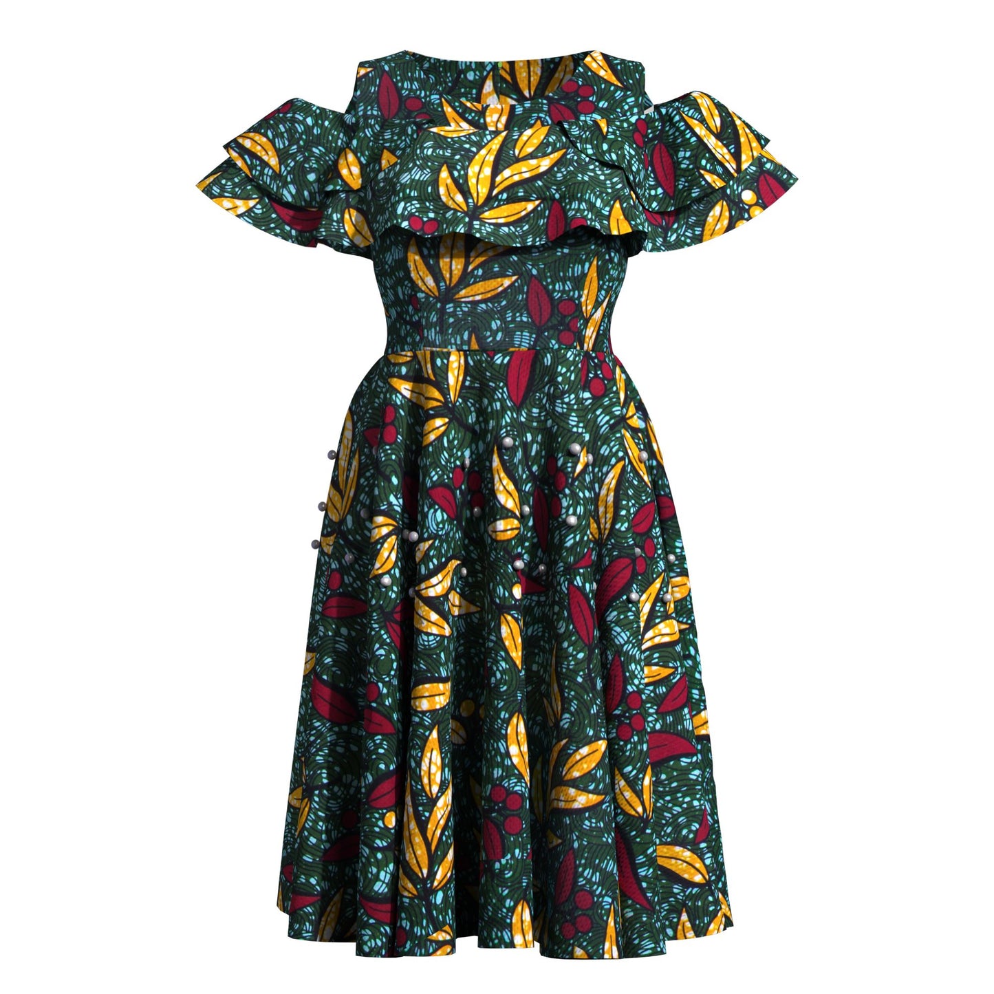 Traditional African Wax Print Cold-Shoulder Fit-and-Flare Dress