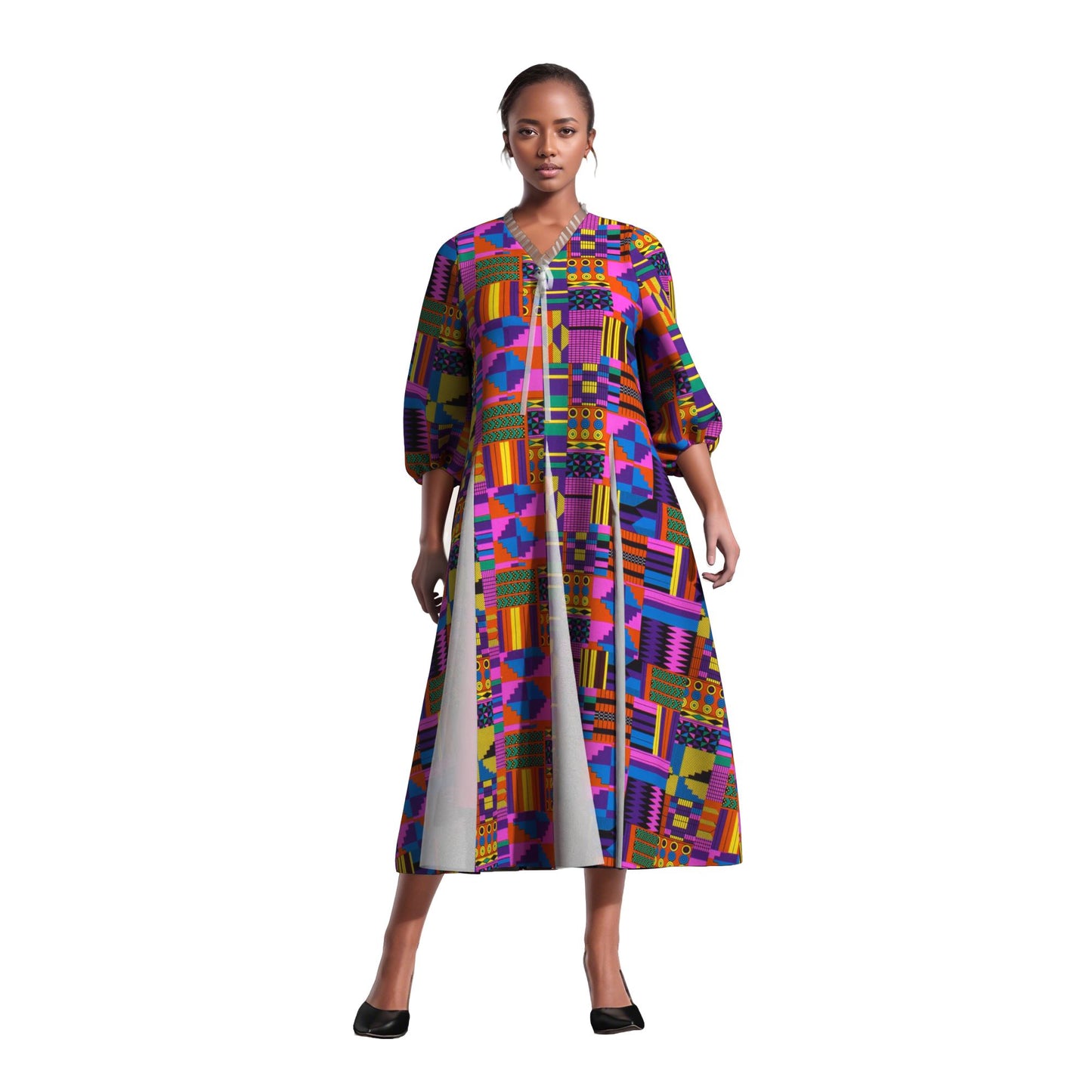 Women Bold Tribal Floral Print V Neck Puff Midi Dress Sheer Panel Split Layer Church Party Outfit