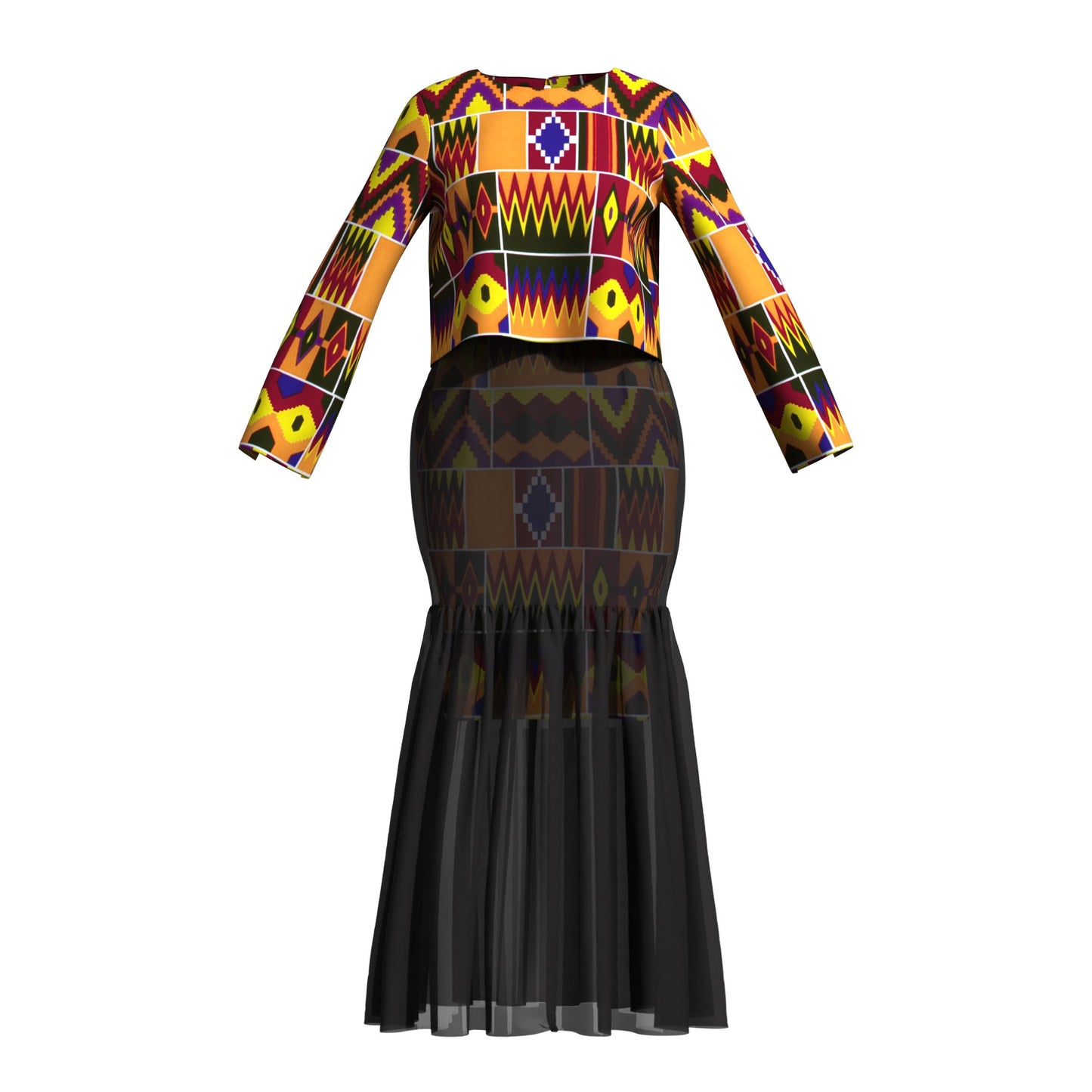 African Print Layered Sheer Mesh Mermaid Maxi Skirt Two Piece Set