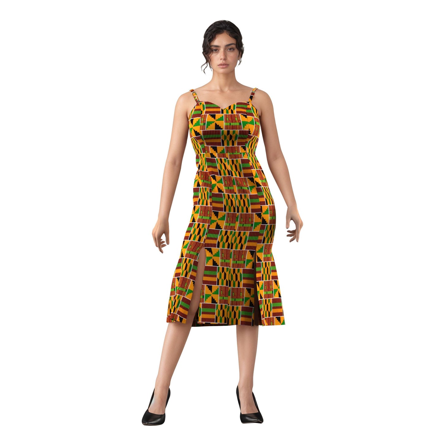 Ankara Print Sweetheart Neck Bodycon Midi Dress with Slit
