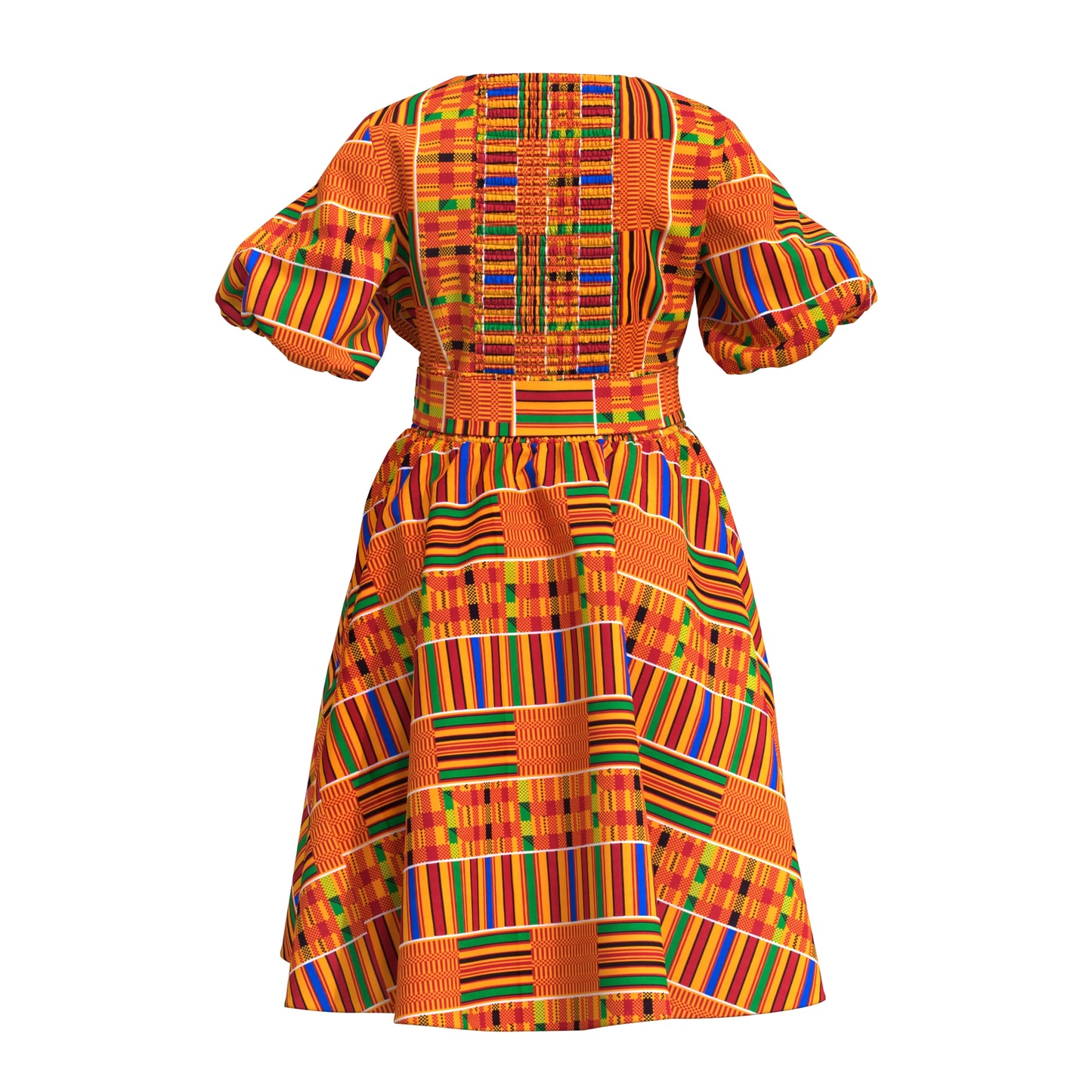 African Print Smocked Waist A-Line Midi Dress with Belt