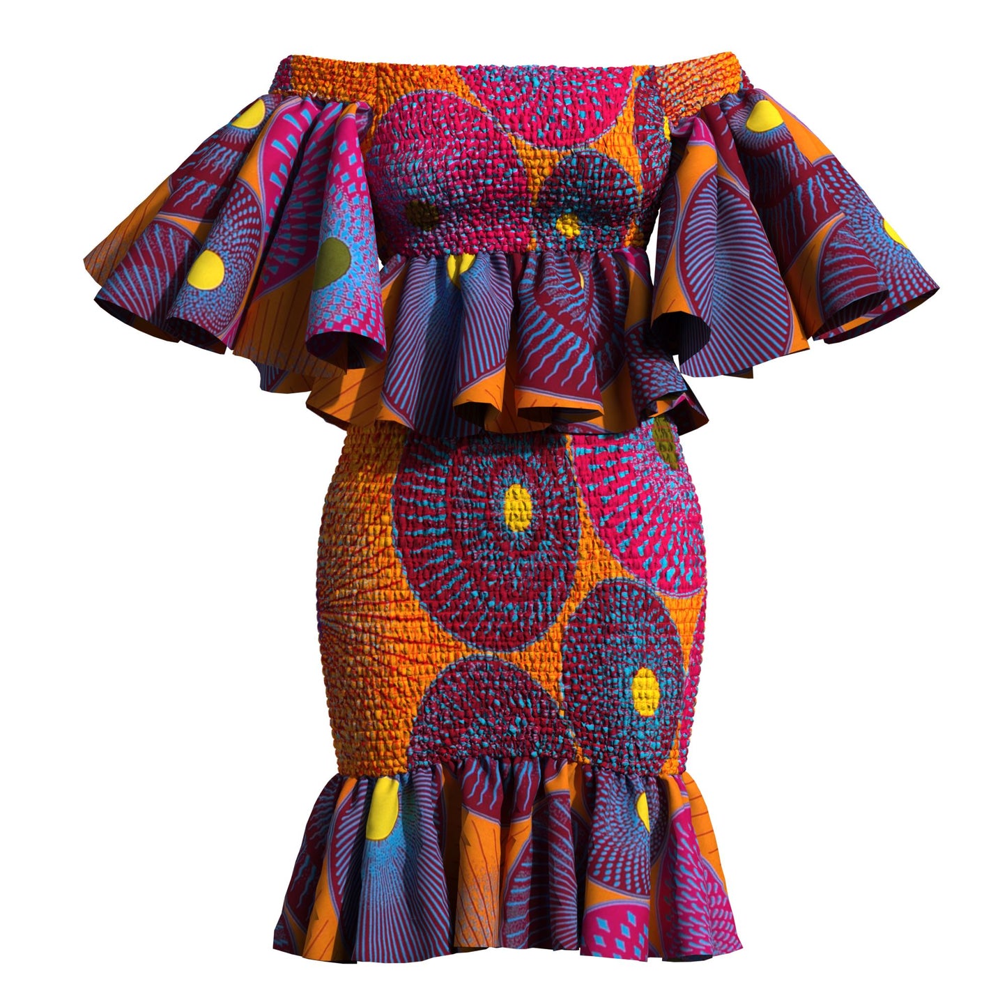 Smocked African Print Two-Piece Outfit with Flounce Sleeves