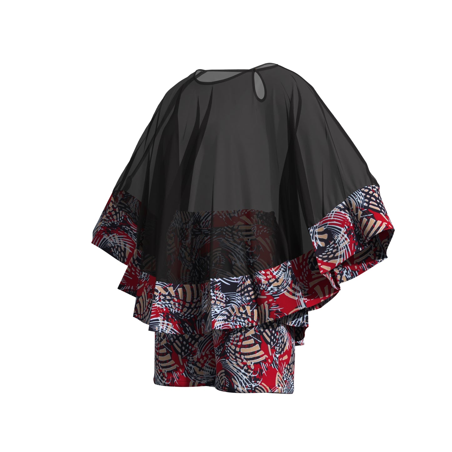 African Print Chiffon Cape Top & Shorts Two-Piece Set