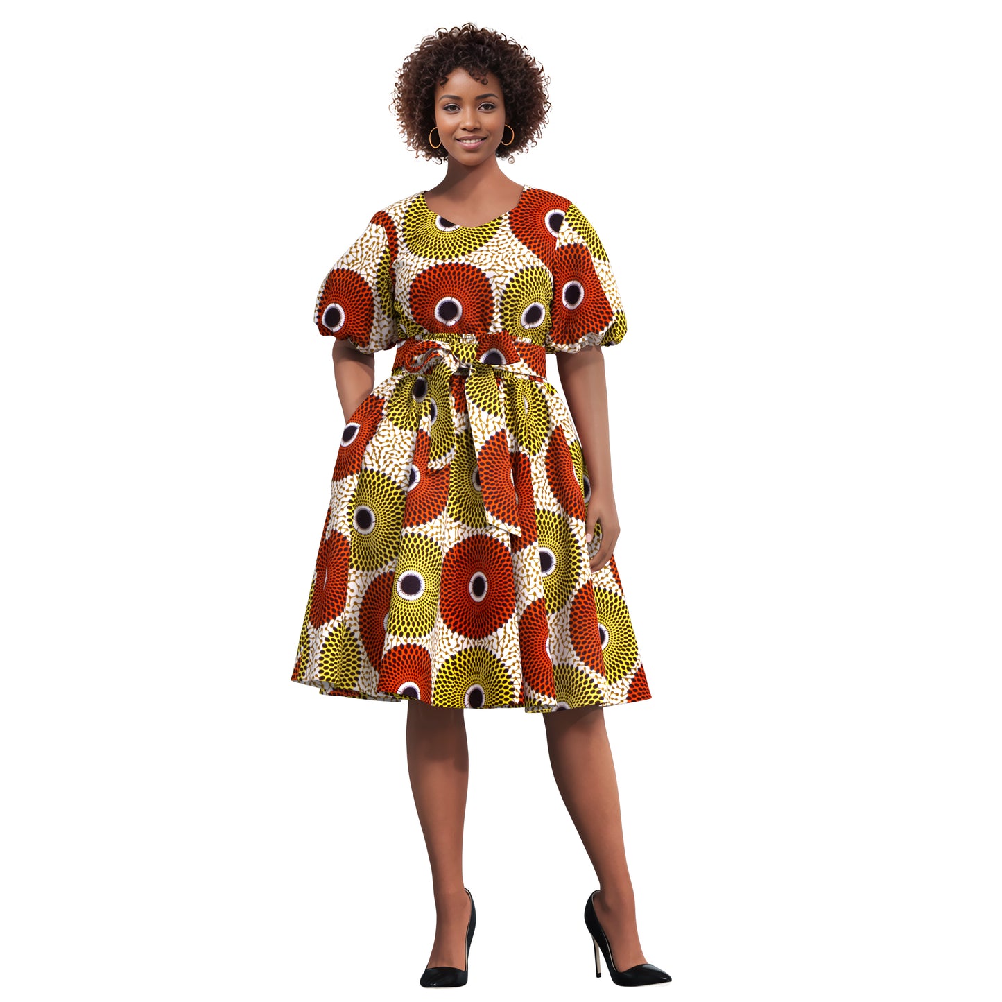 African Print Smocked Waist A-Line Midi Dress with Belt