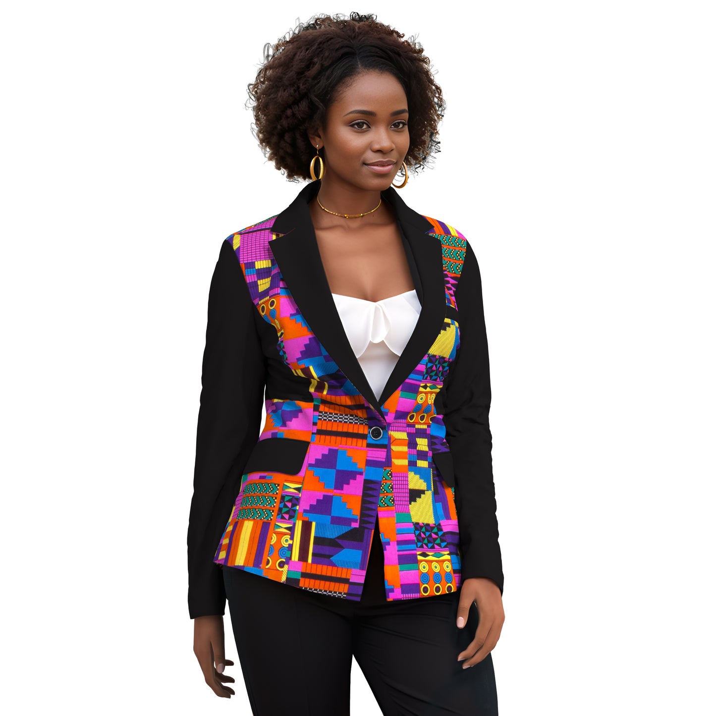 African Print Patchwork Slim Fit One Button Women Blazer Jacket