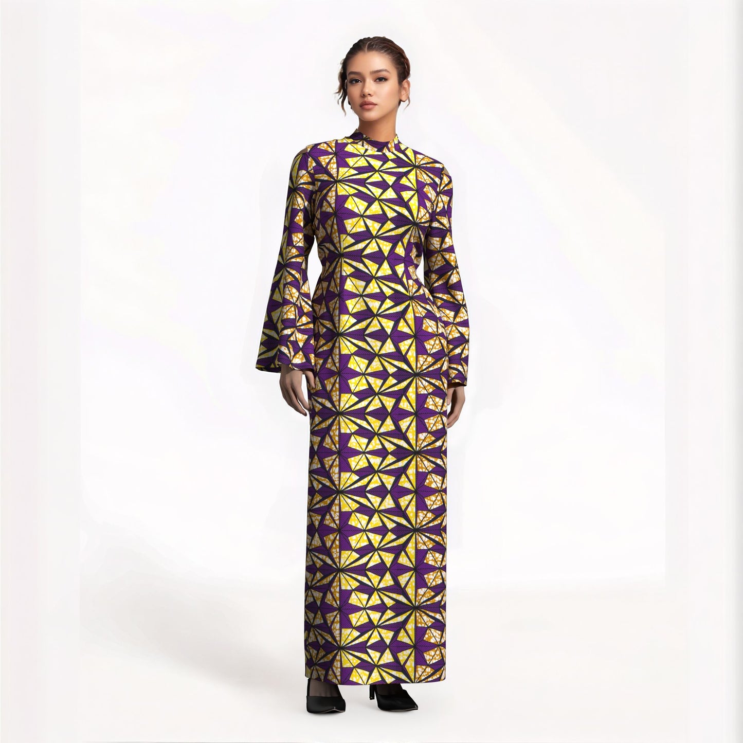 Ladies Kente Geometric Wax Print Long Dress High Neck Bell Sleeve Slim African Party Gown