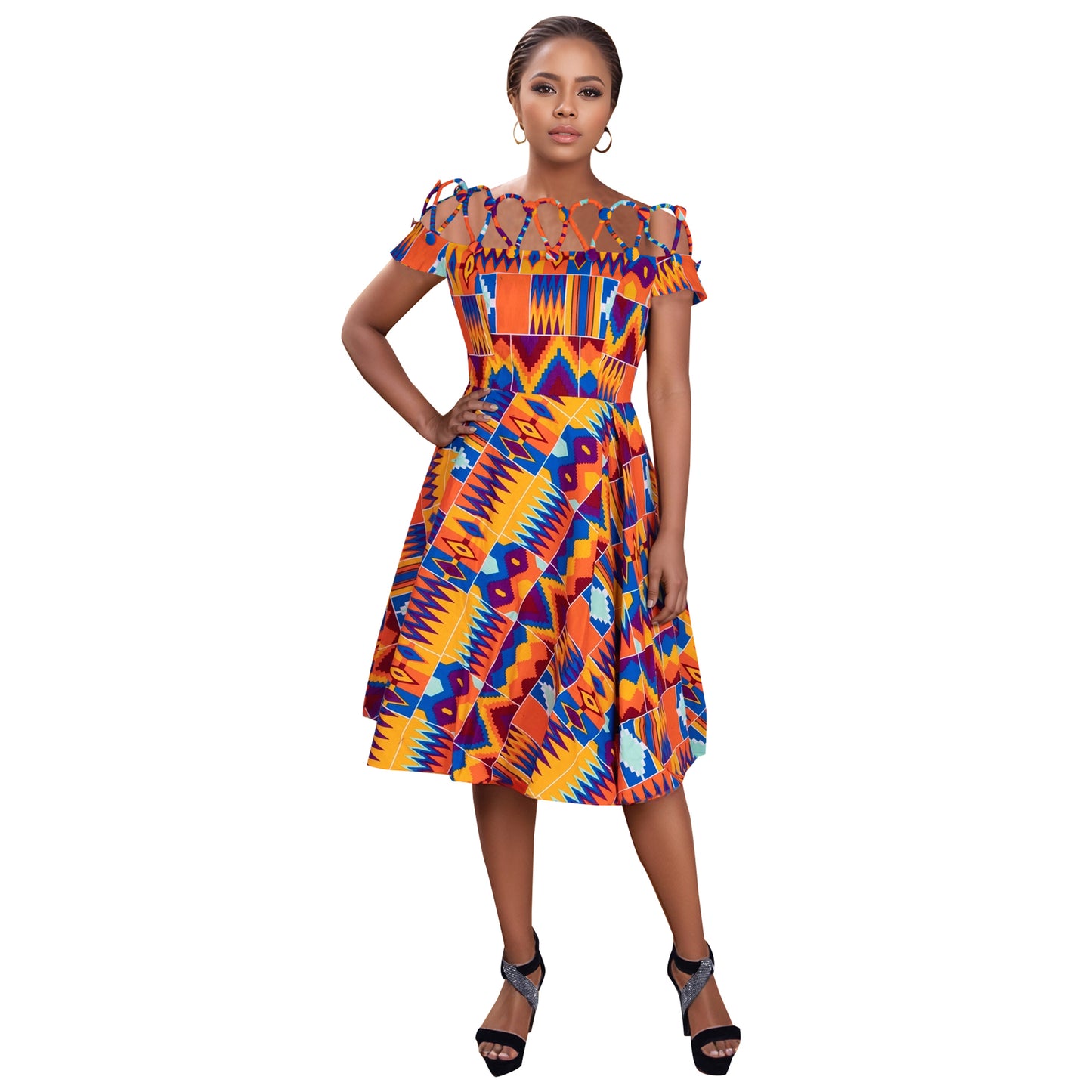 African Print Cotton Rope Button Cutout Off-Shoulder Midi Dress – Elegant Ankara Fit-and-Flare Dress for Black Women