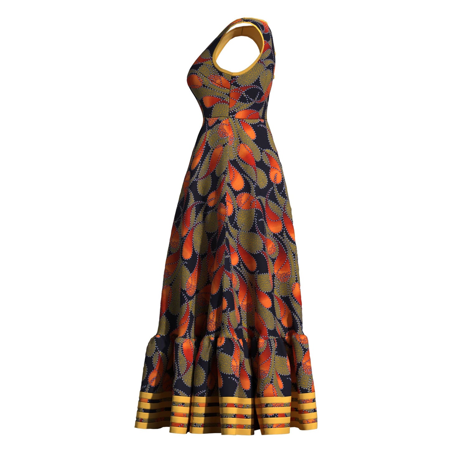 Women Ankara Wax Print Sleeveless Maxi Dress Ruffle Hem Strip Trim African Flared Long Occasion Gown