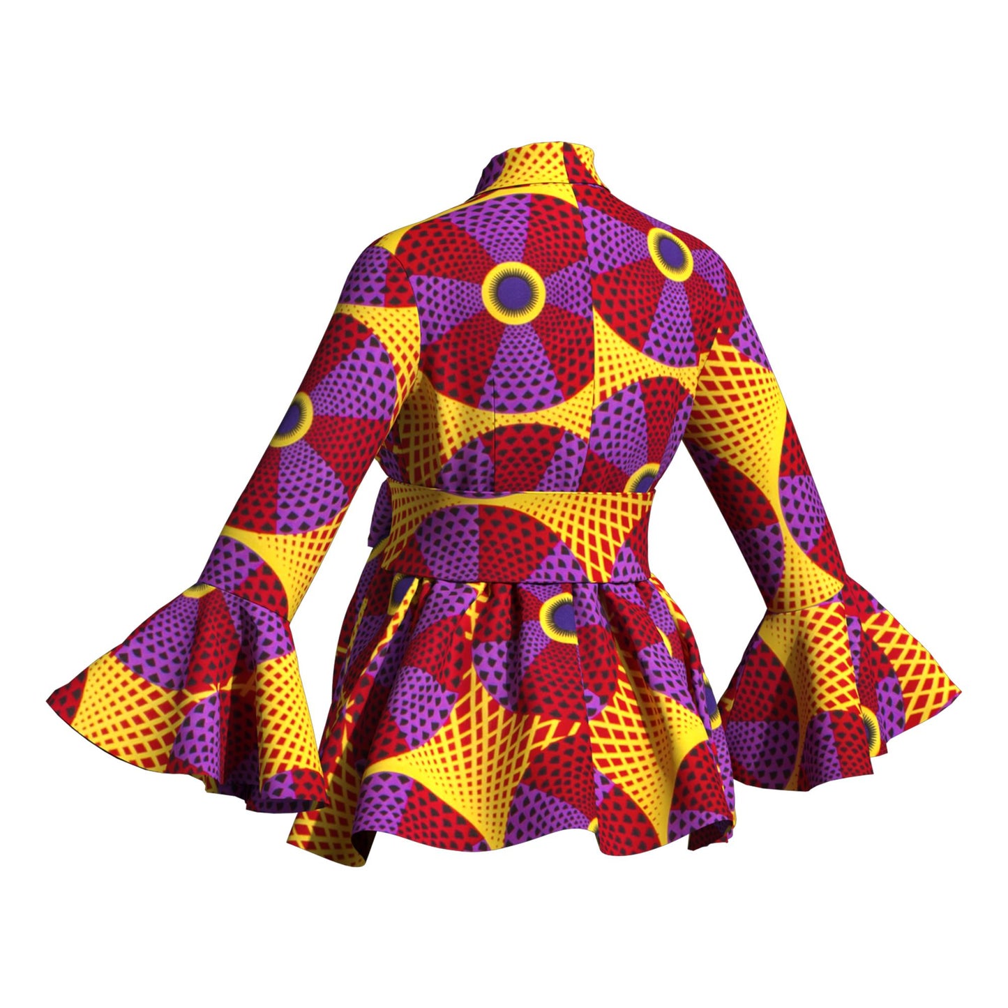 Ladies Vibrant Ethnic Geometric Print Stand Collar Bell Sleeve Peplum Top With Coordinating Waist Tie