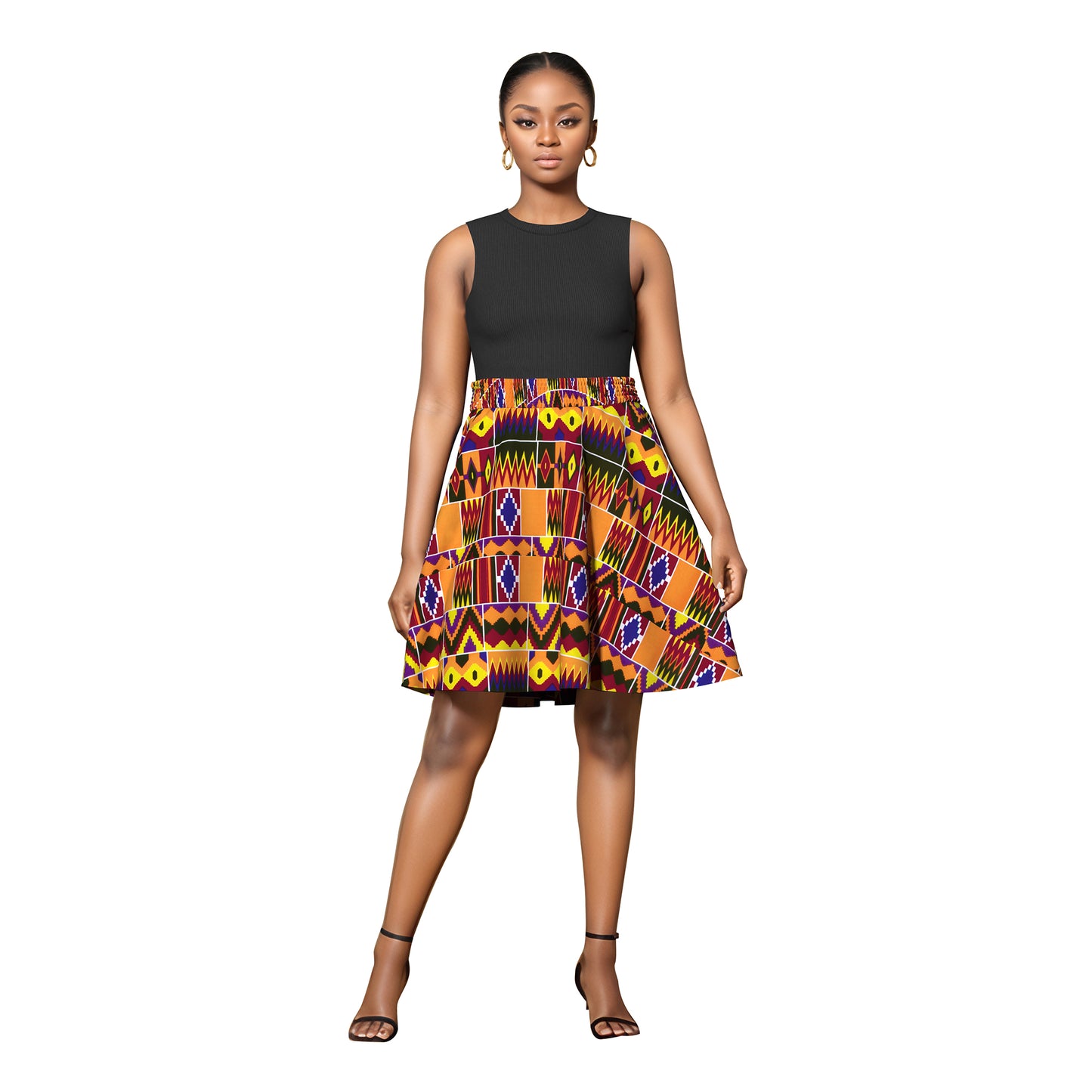 African Print High Waist Swing Skirt with Elastic Waistband