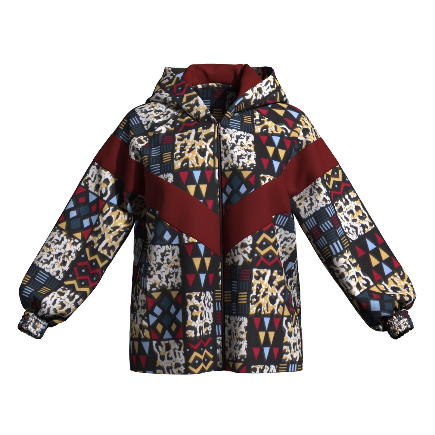 Afrocentric Zip-Up Hoodie with Color Block Accen