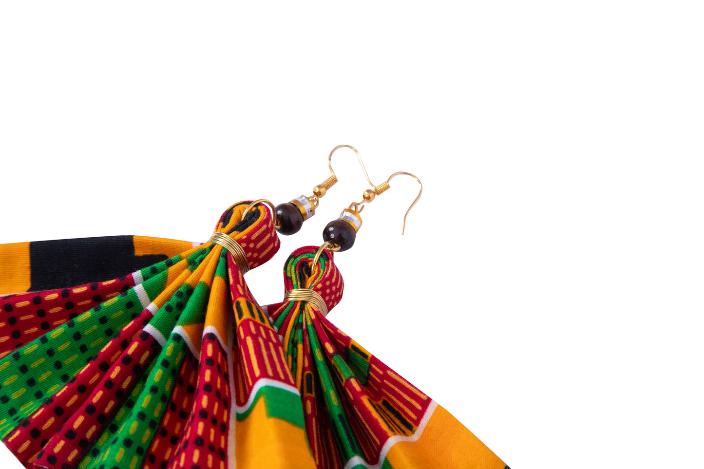 Handmade Fan Earrings with African Wax Print – Wire-Wrapped Cultural Dangle Earrings