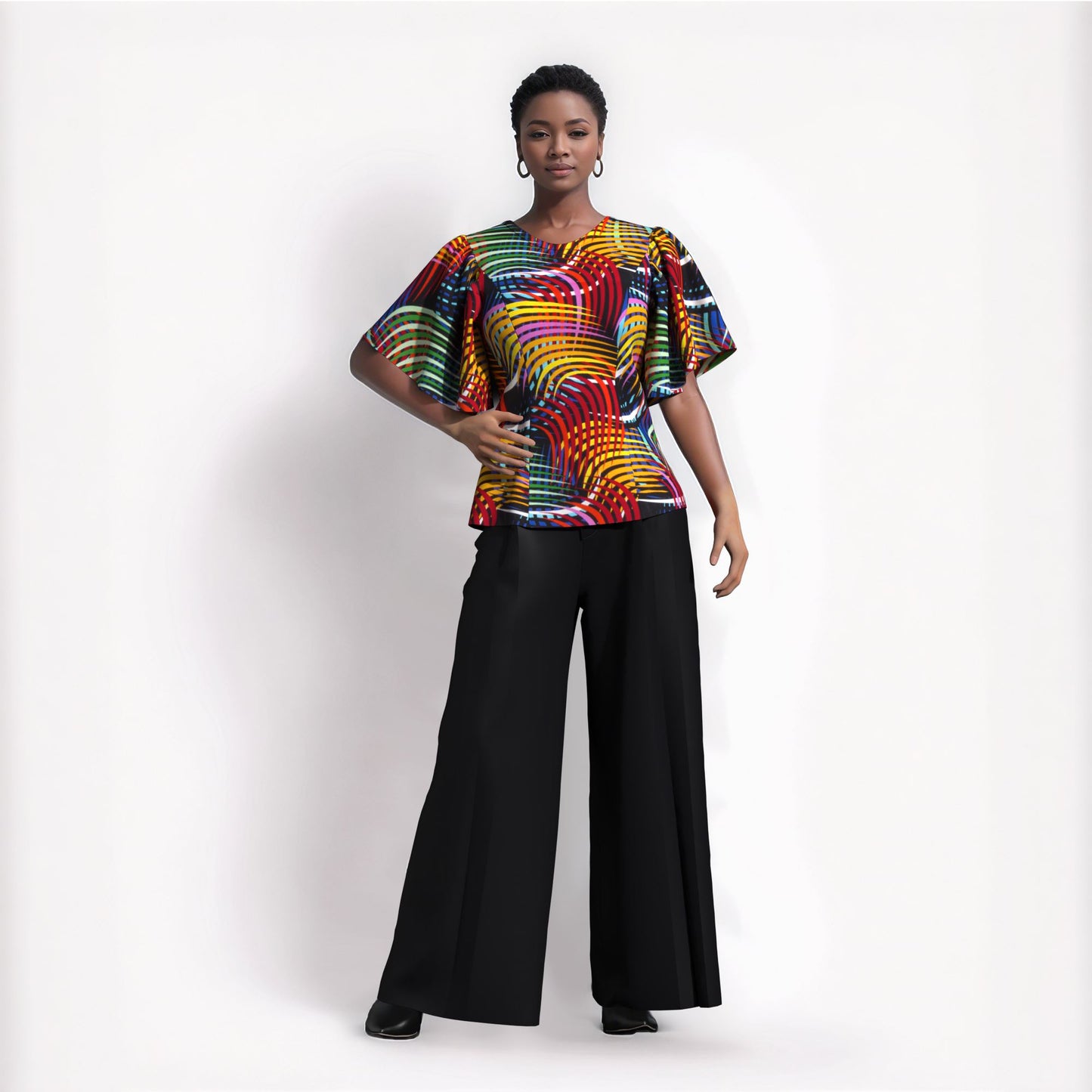 African Print Fitted Waist Flounce Sleeve Top