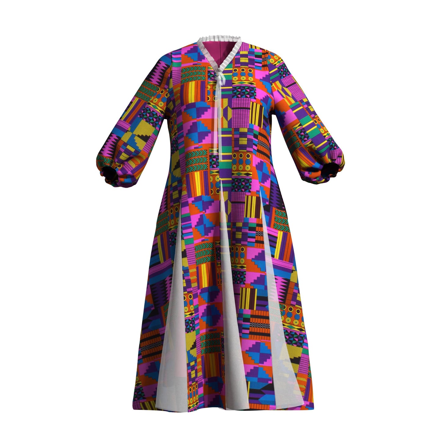 Women Bold Tribal Floral Print V Neck Puff Midi Dress Sheer Panel Split Layer Church Party Outfit