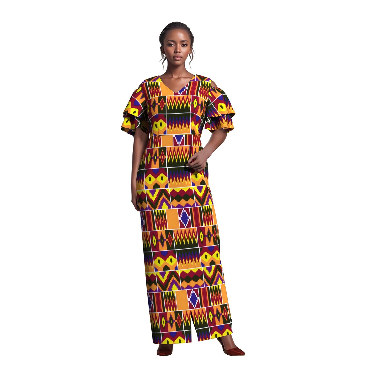 African Print Cold Shoulder Maxi Dress with Ruffle Sleeves