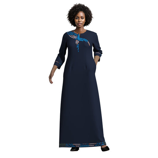 Elegant Solid Maxi Dress for Black Women, Ankara Print Splicing on Chest & Cuffs WY10572