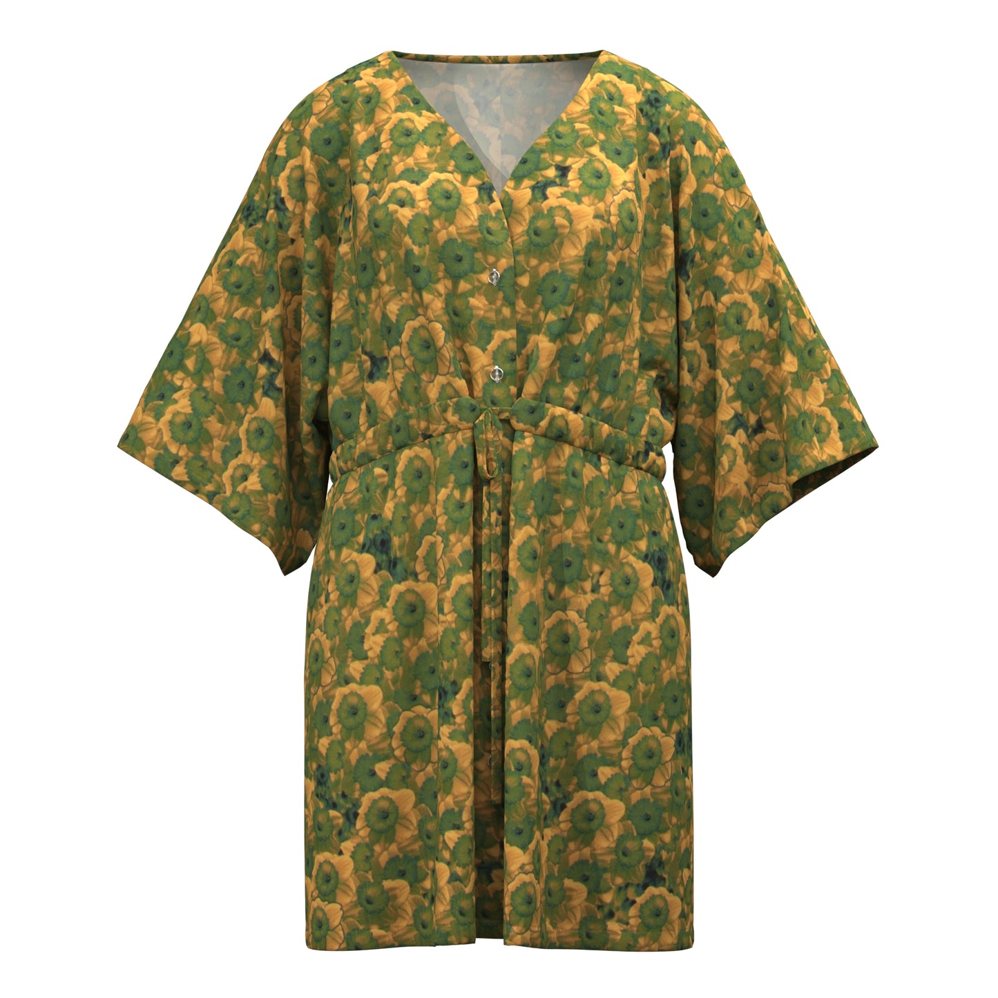 African Print V-Neck Drawstring Waist Batwing Sleeve Dress