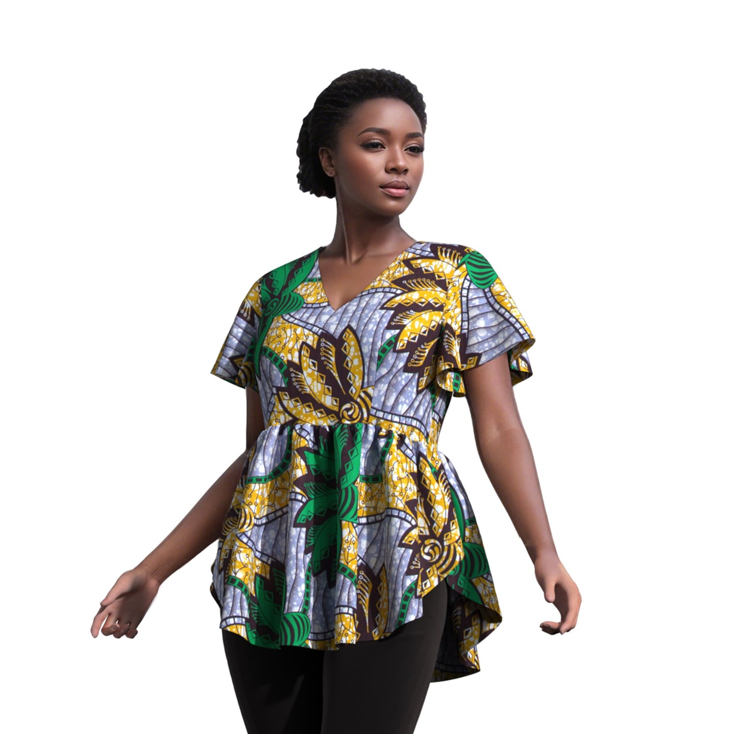 African Print V Neck Irregular Hem Fashion Women Peplum Top
