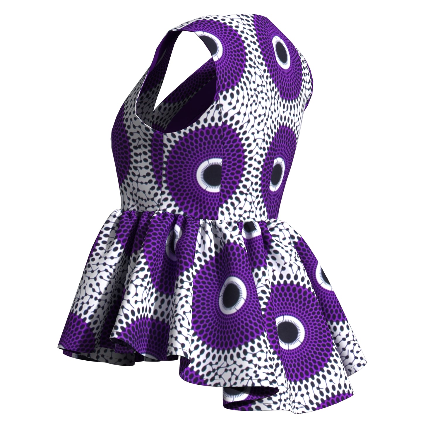 Handmade African Wax Print Sleeveless Peplum Blouse with Ruffle Detail