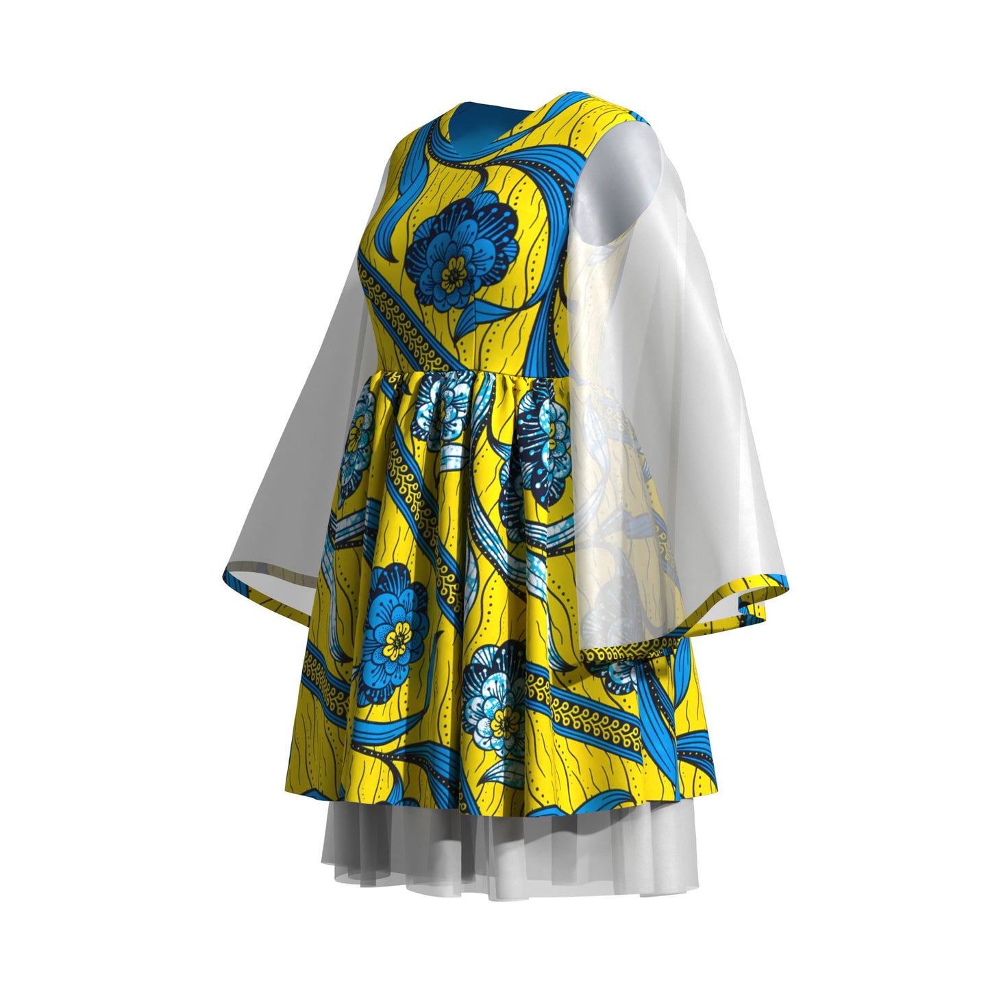 Ethnic African Floral Print Sheer Mesh Flare Sleeve Dress