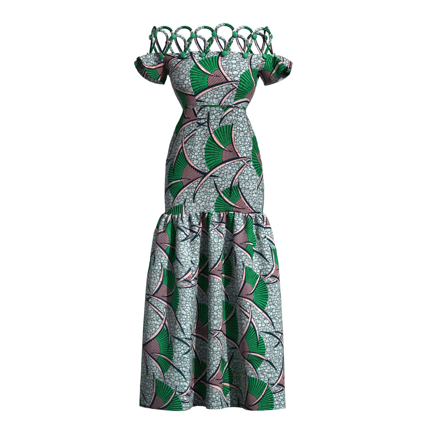 Women's African Print Off-Shoulder Maxi Dress | Rope Strap Detail | Ankara Ruffled Hem Gown