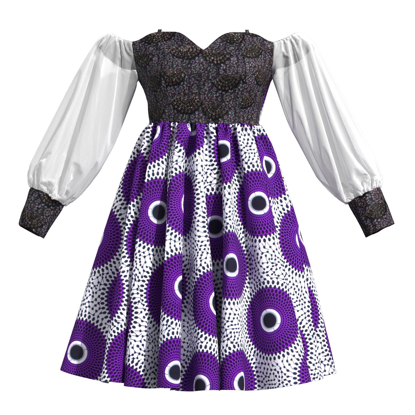 African Print Sequin Off Shoulder Mesh Sleeve A-Line Dress