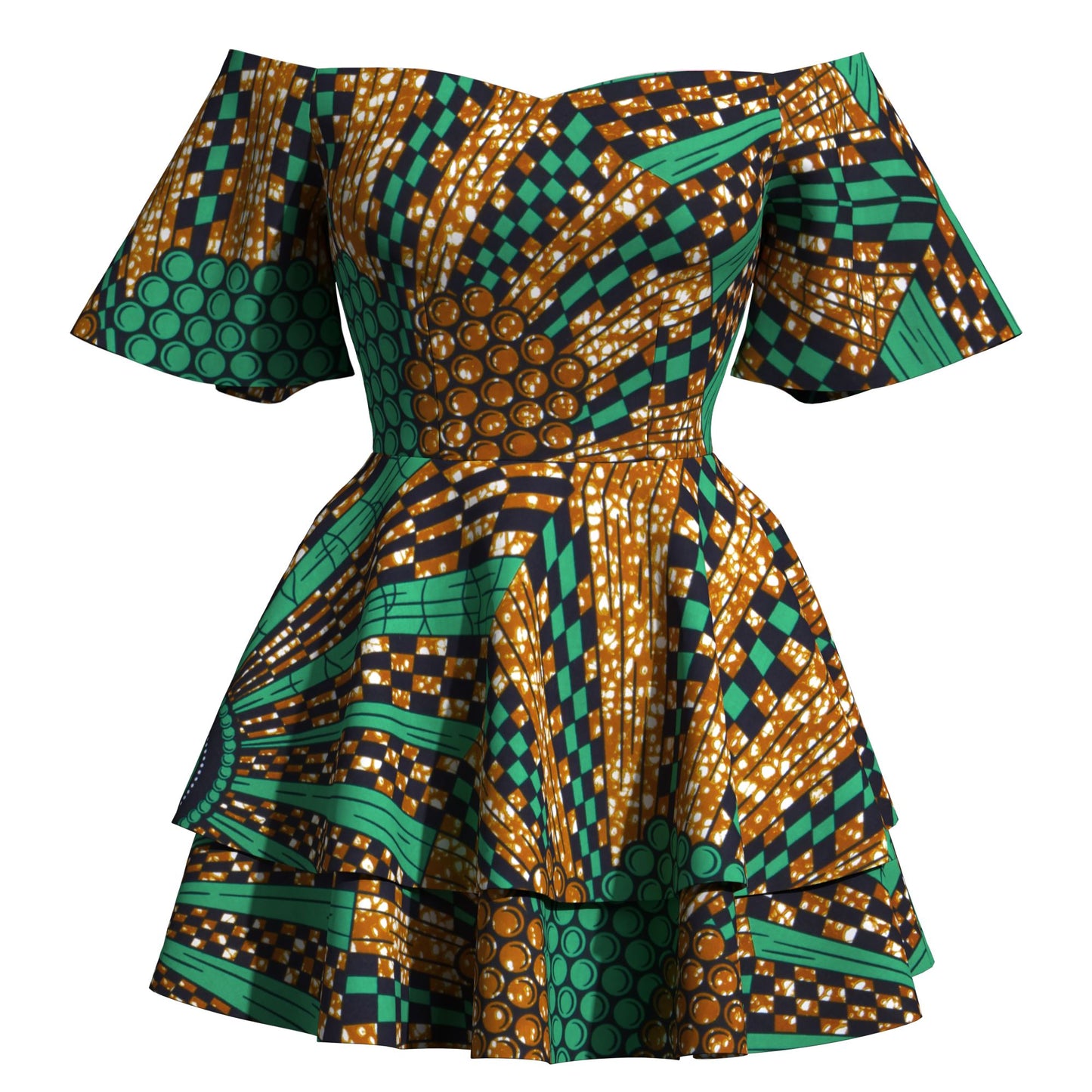 African Print Flowy Off-Shoulder Tiered Mini Dress for Women