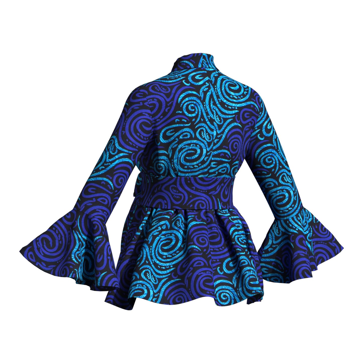Ladies Vibrant Ethnic Geometric Print Stand Collar Bell Sleeve Peplum Top With Coordinating Waist Tie
