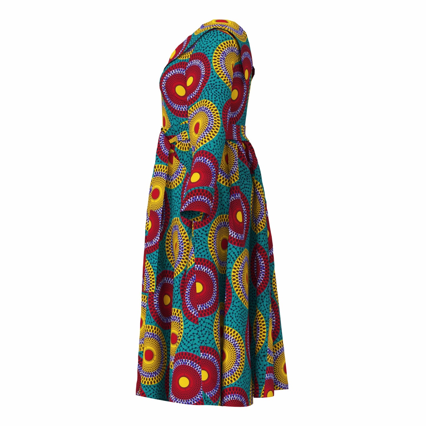 V-Neck Long Sleeve African Print Midi Dress with Tie Waist Belt