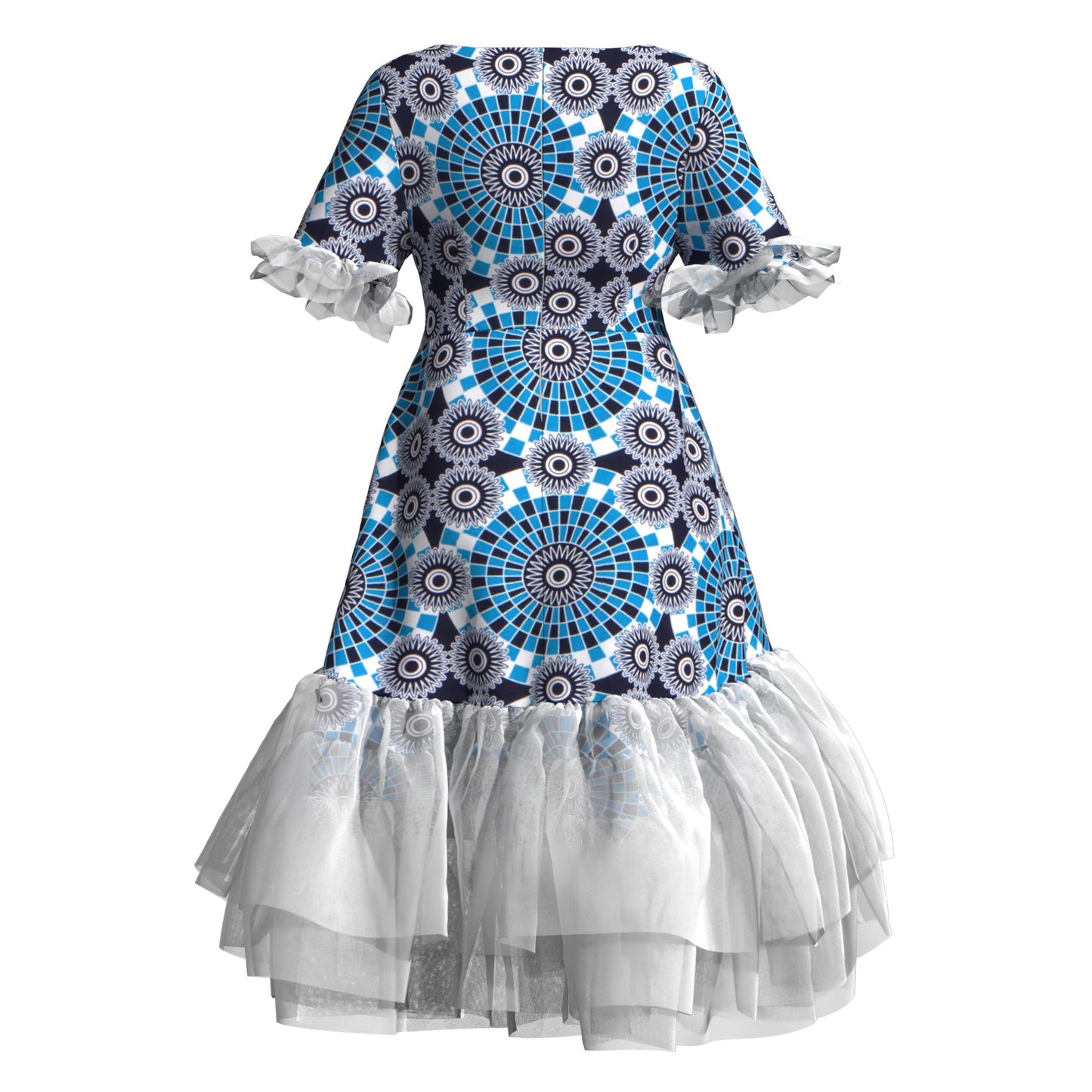 Kente Print Tiered Tulle Midi Dress – Short Sleeve Ankara Dress with Sheer Trim