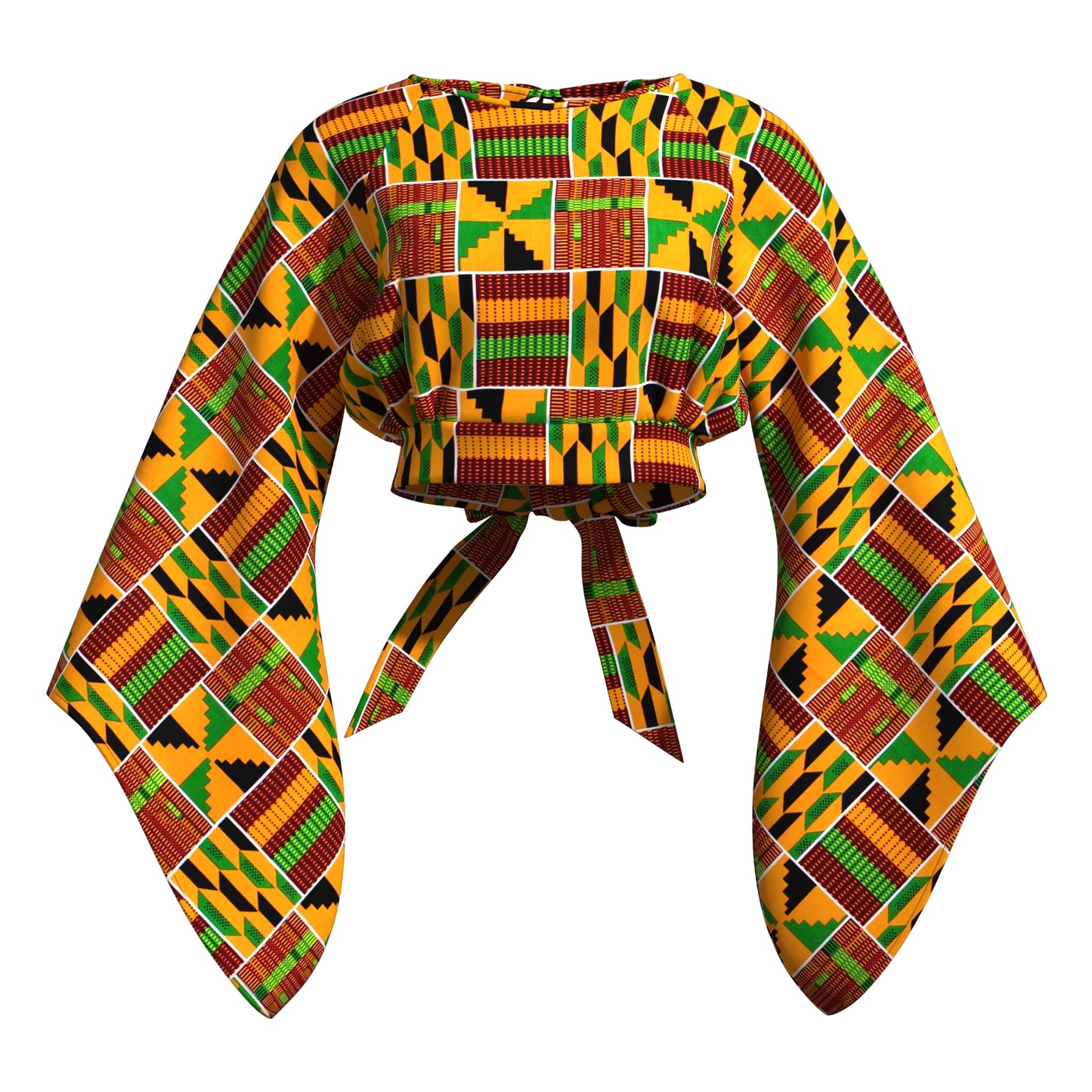 rinted Open Back Crop Top with Tie Waist & Extra Wide Bell Sleeve
