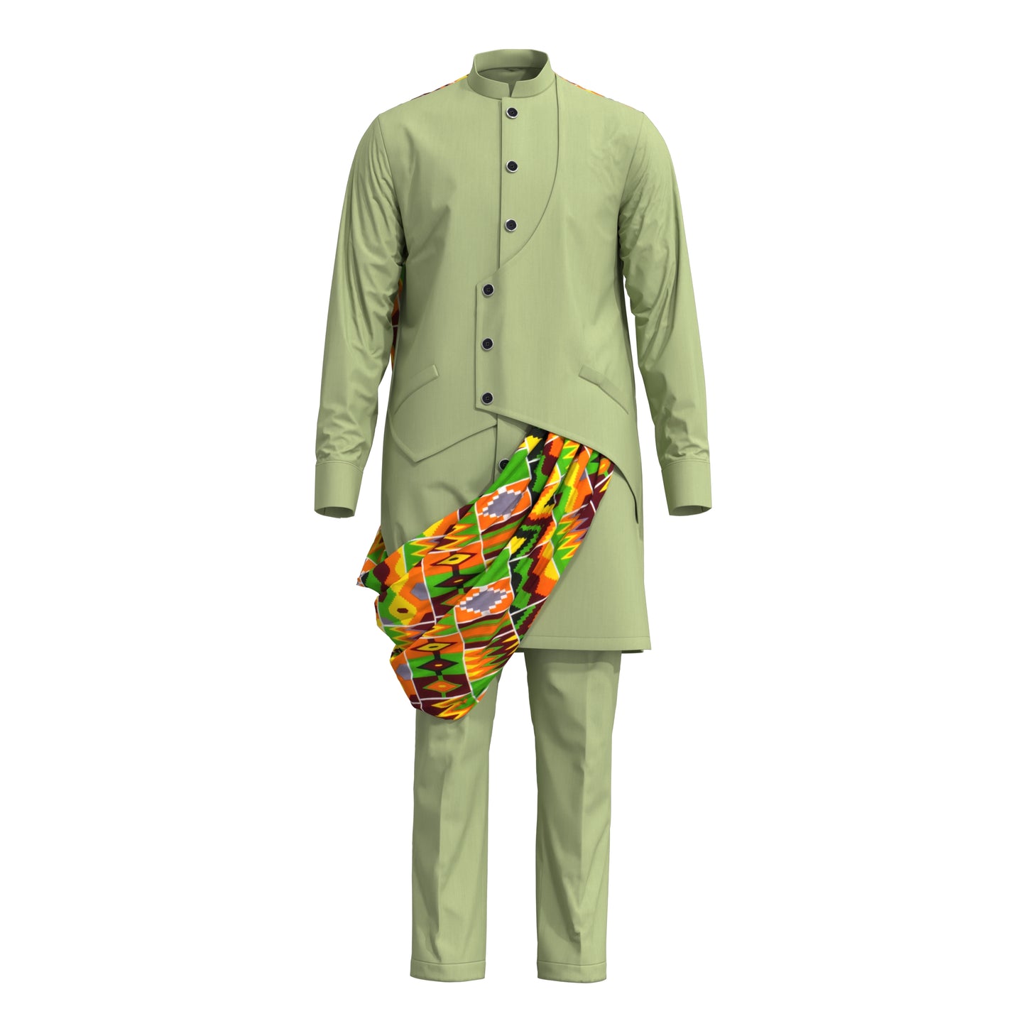 Stylish Men Matching Trousers Outfit, Suit Fabric Top with African Printed Drape Detail