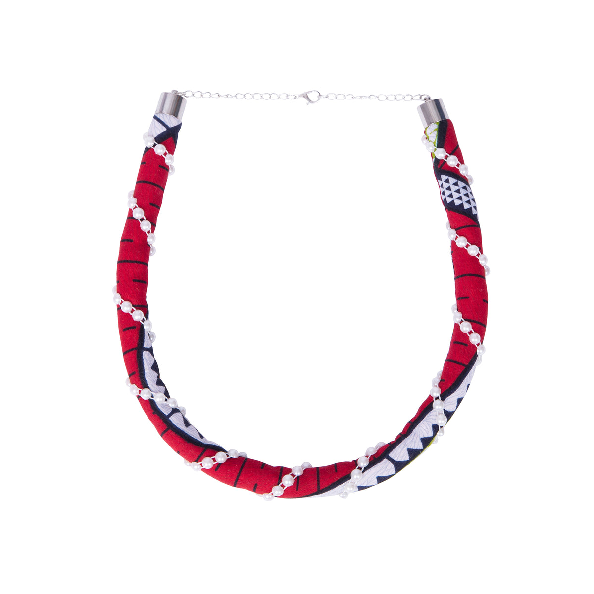 Ethnic African Print Wrapped Choker Necklace, Faux Pearl Accent Women Jewelry Accessories WYB1078