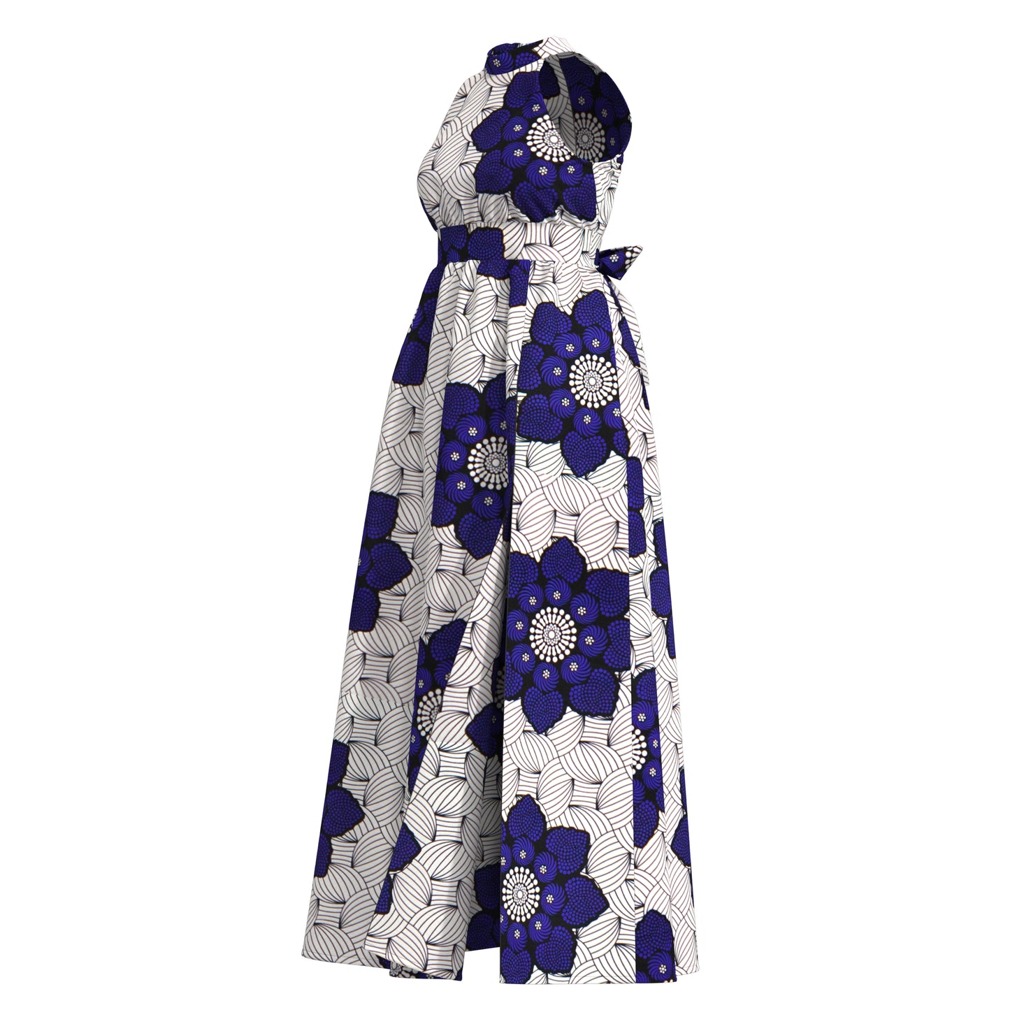 Ladies African Fabric Halter Maxi Dress With Back Bow & Side Split