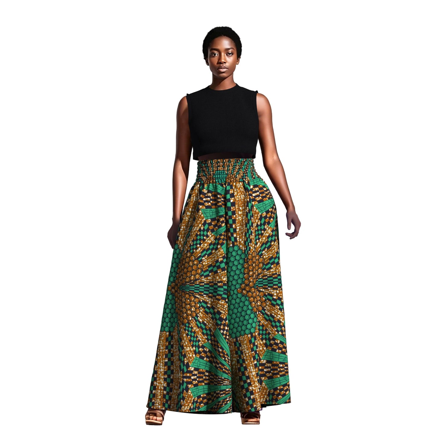 Vintage African Tribal Geometric Print Elastic High Waist Palazzo Pants, Flowy Loose Wide Leg Long Pants Slimming Figure Friendly