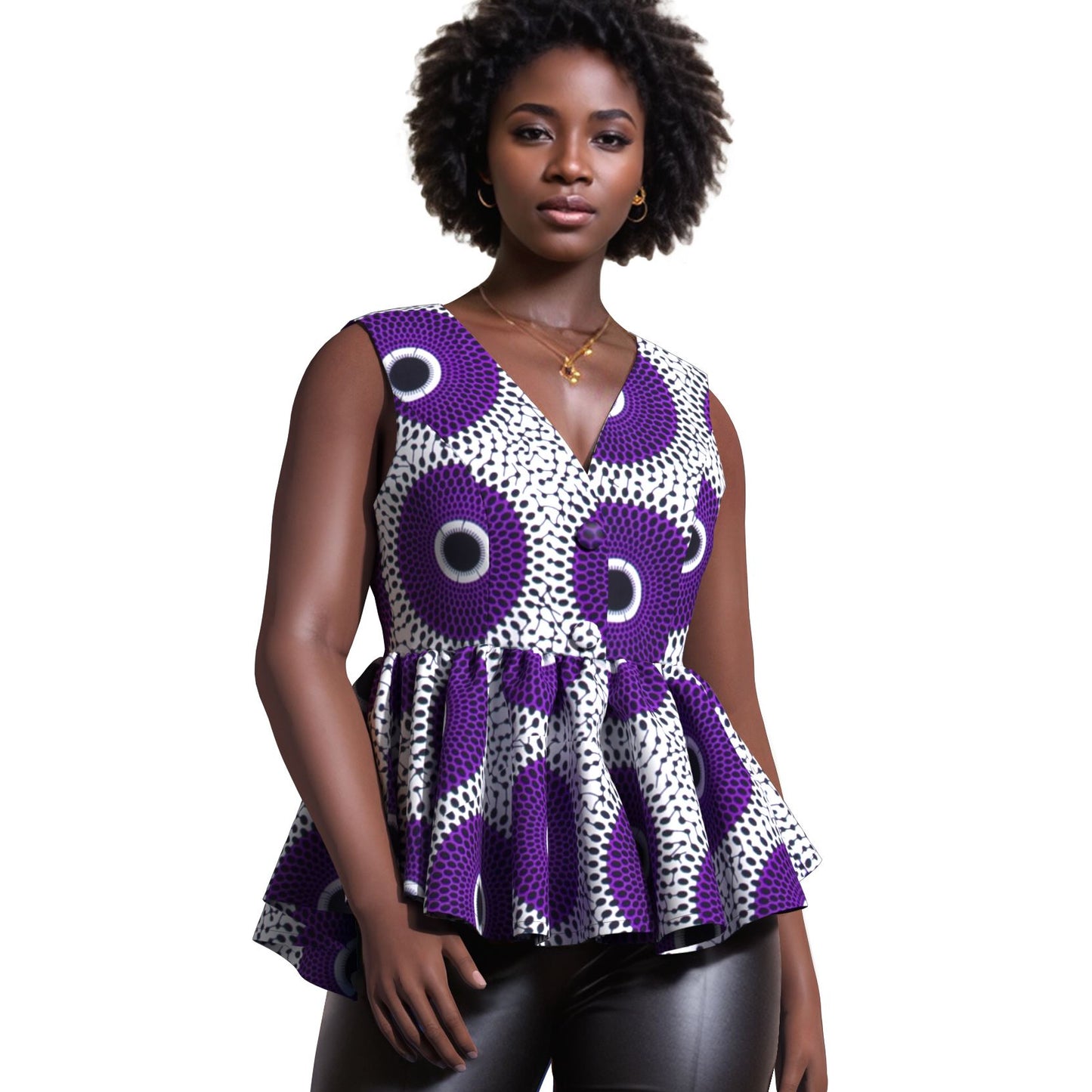 Handmade African Wax Print Sleeveless Peplum Blouse with Ruffle Detail