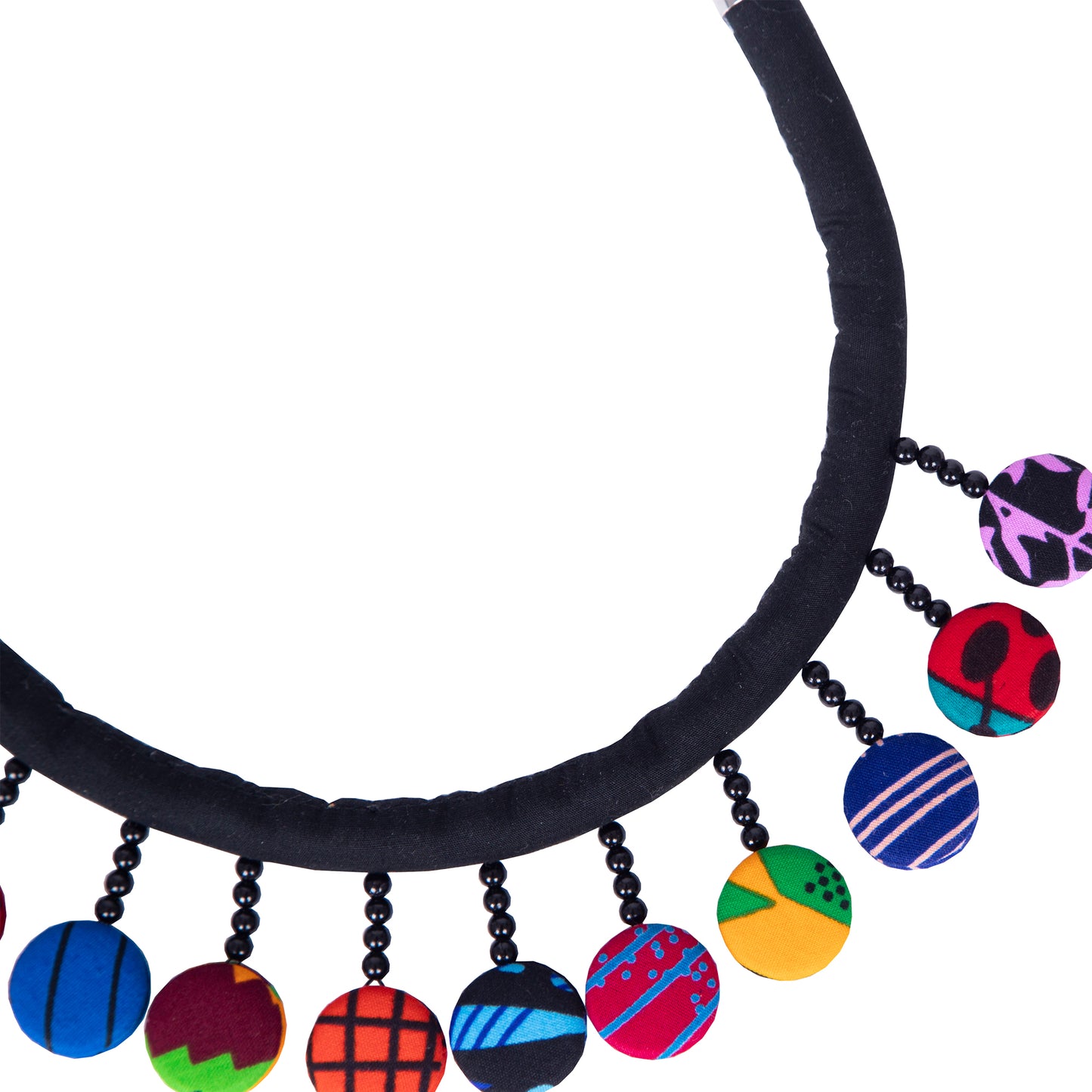 Ladies Kente Geometric Print Multi Round Fabric Button Bib Choker Adjustable Extension Chain Women Outfit Accessories
