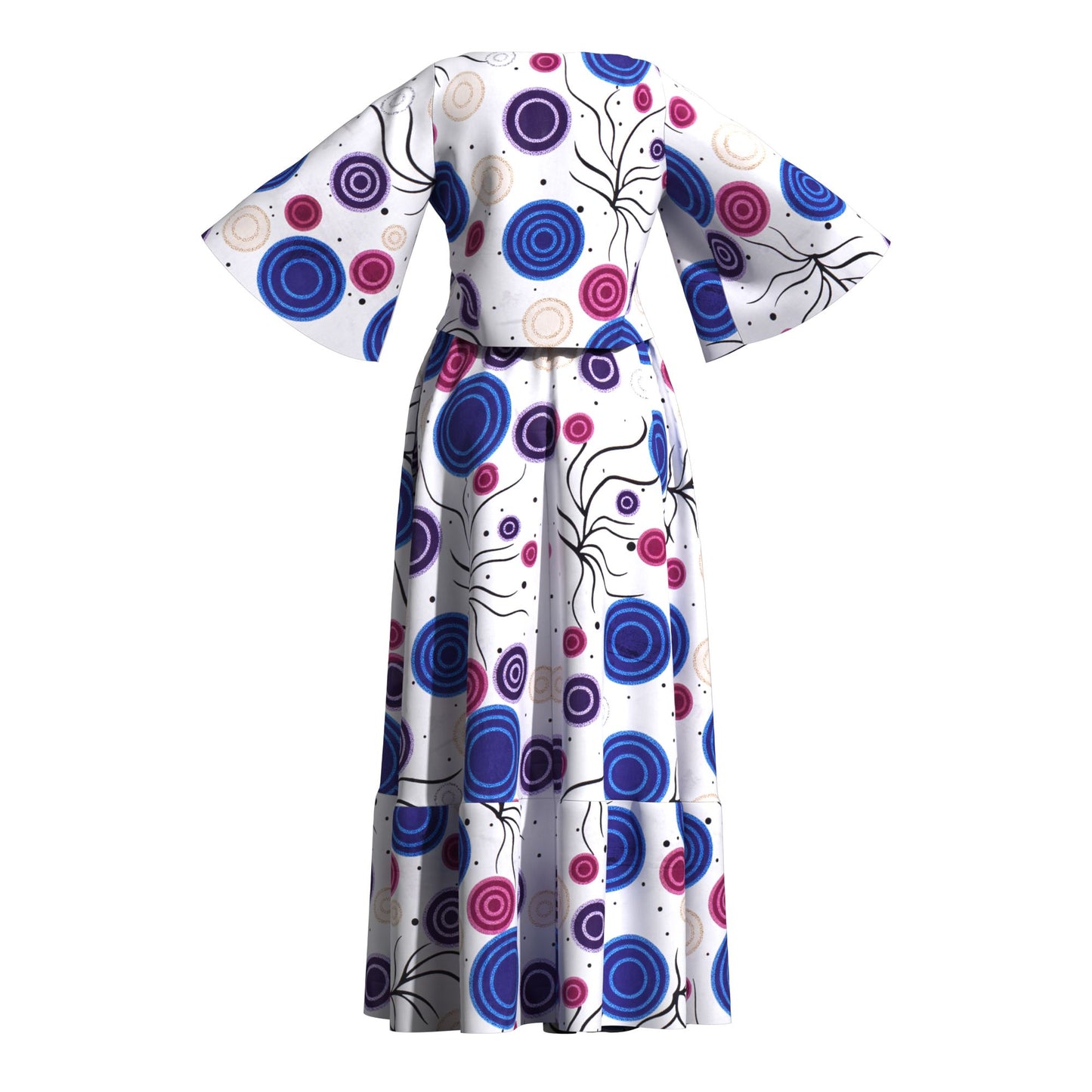 African Print Two Piece Outfit Women Notch Neck Crop Top & Tiered Maxi Skirt Set High Waist Slimming Matching Suit