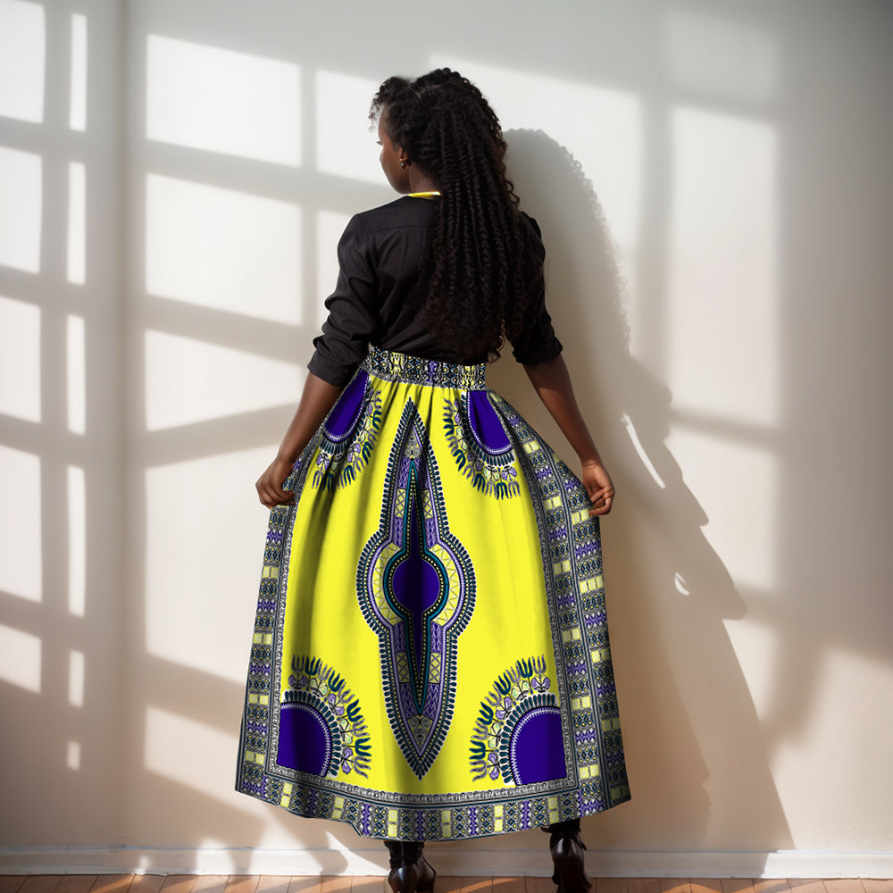 Women's High Waist Flowy Maxi Skirt Elastic & Drawstring Waist African Dashiki Pattern