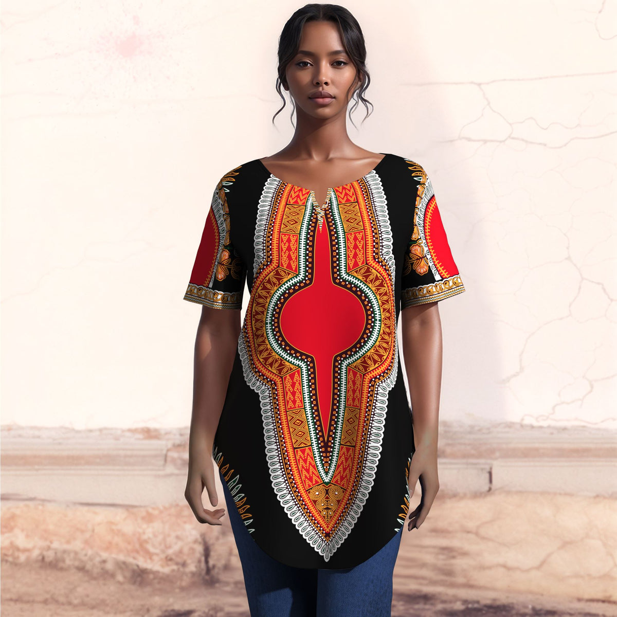 African JAVA Print Dashiki Tunic Top, Women Short Sleeve V‑Neck Curved Hem Loose Blouse WY10632