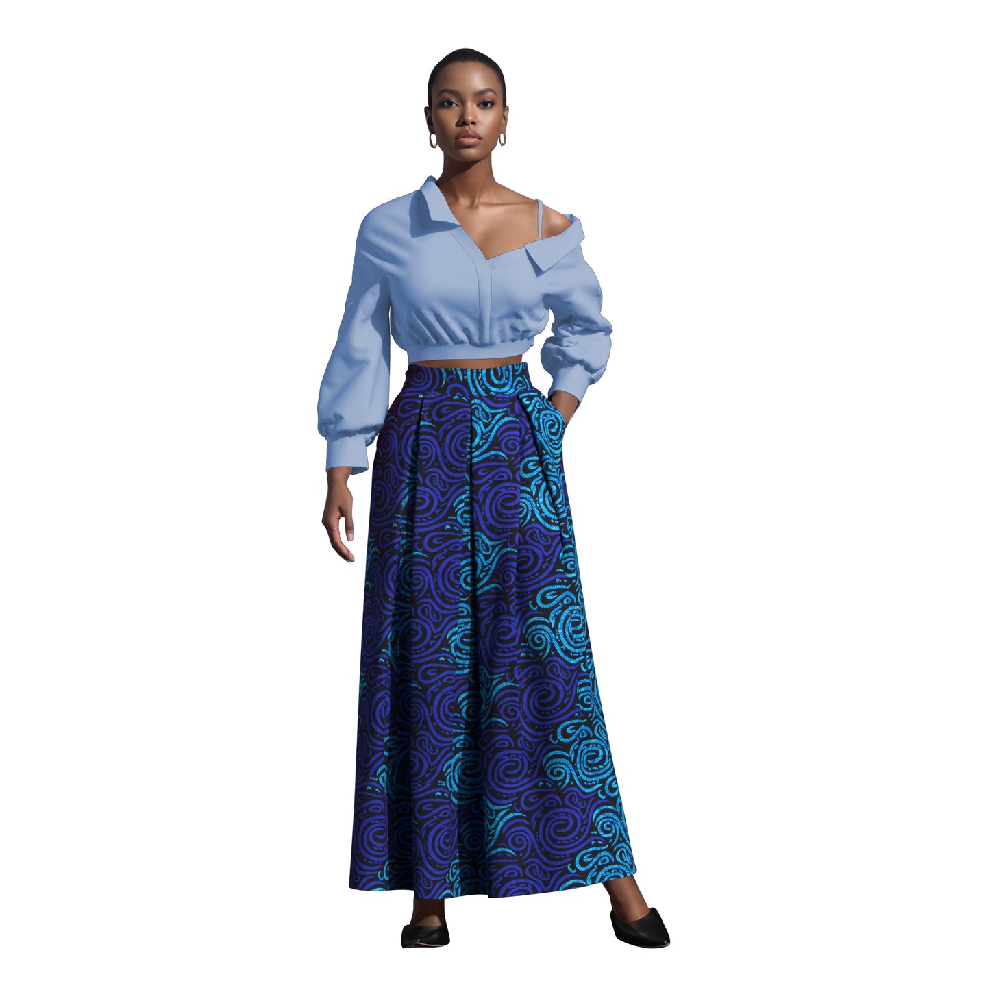 Women's African Print Maxi Skirt High Waist Pleated A-Line Skirt KG1213